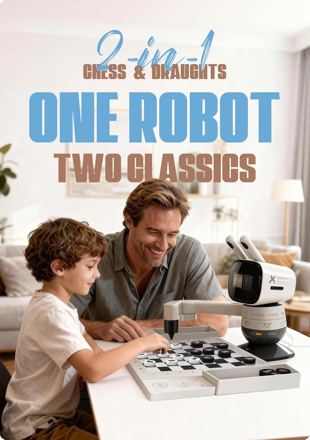 SenseRobot Lite — AI Robotic Chess & International Draughts (10×10) Set | 25 Chess Levels (Elo 200–2900), Epic Duel Elo 3200, Voice Guidance, Screen-Free Play, 1,200+ Lessons, Cloud & OTA