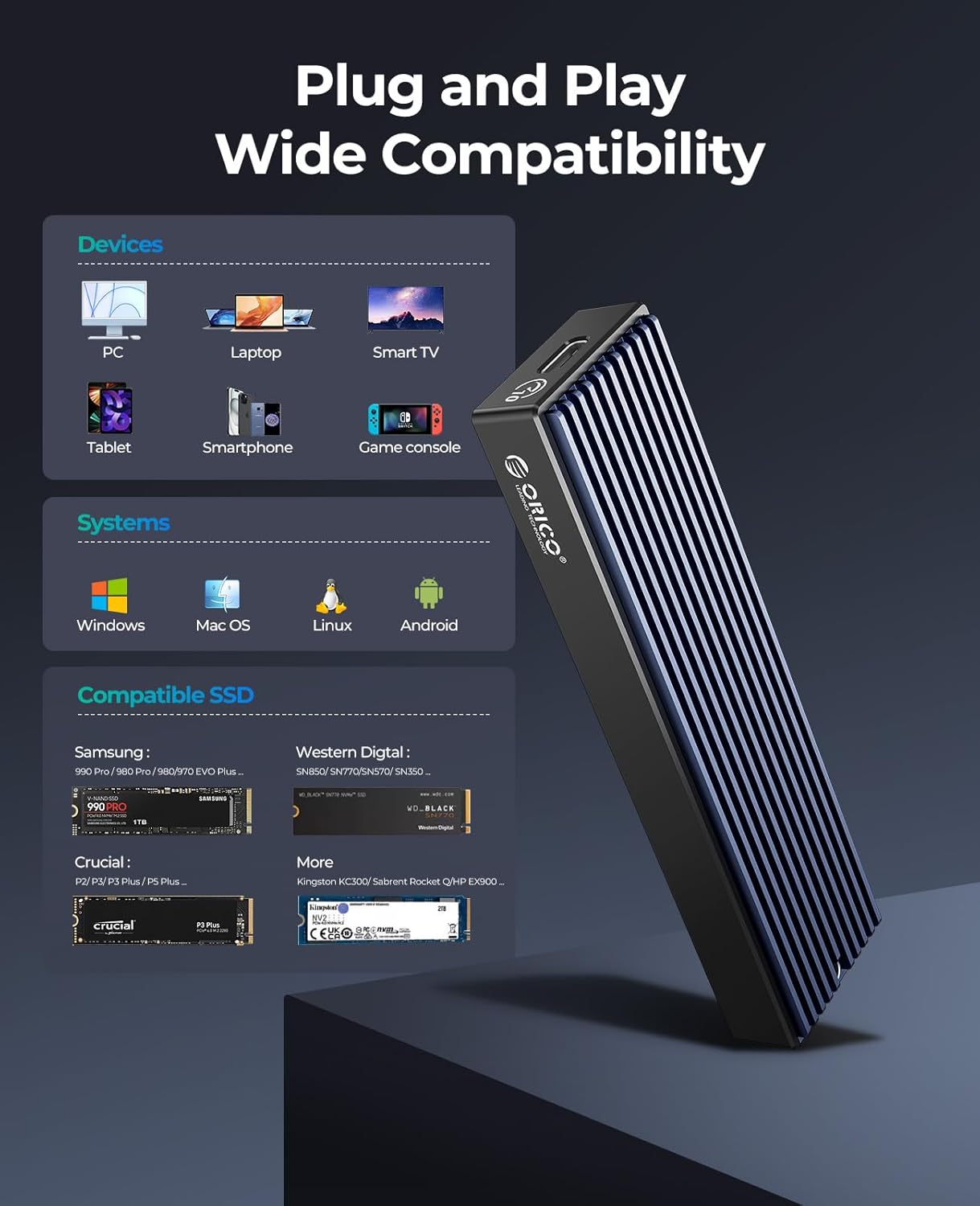 ORICO M.2 NVMe SSD Enclosure, USB 3.1 Gen 2 (10 Gbps) to NVMe PCI-E M.2 SSD Case Support UASP for NVMe SSD Size 2230/2242/2260/2280(up to 4TB) (M.2 NVMe)