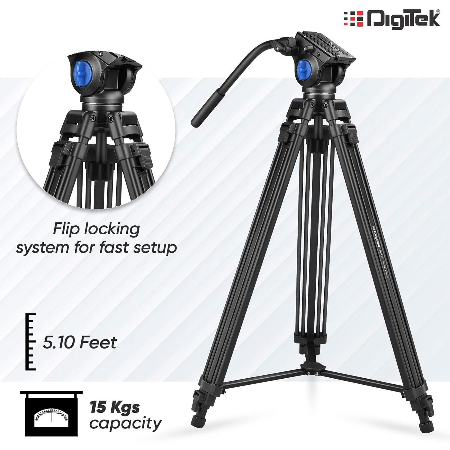 Digitek ® Professional Video Aluminium Tripod with Multipurpose Head for Low Level Shooting, Panning for All DSLR Camera, Maximum Height 5.10 Feet, Load Capacity 15kgs (DTR-510VD PRO PLUS, 70 Inch)