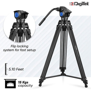 Digitek ® Professional Video Aluminium Tripod with Multipurpose Head for Low Level Shooting, Panning for All DSLR Camera, Maximum Height 5.10 Feet, Load Capacity 15kgs (DTR-510VD PRO PLUS, Bag Is not included)