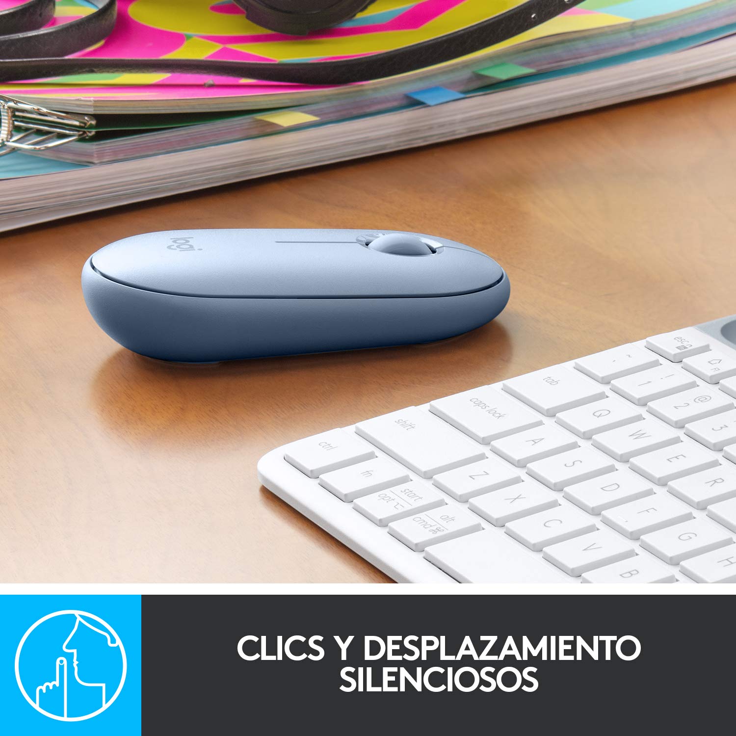 Logitech Pebble M350 Wireless Mouse with Bluetooth or USB - Silent, Slim Computer Mouse with Quiet Click for Laptop, Notebook, PC and Mac - Blue Grey