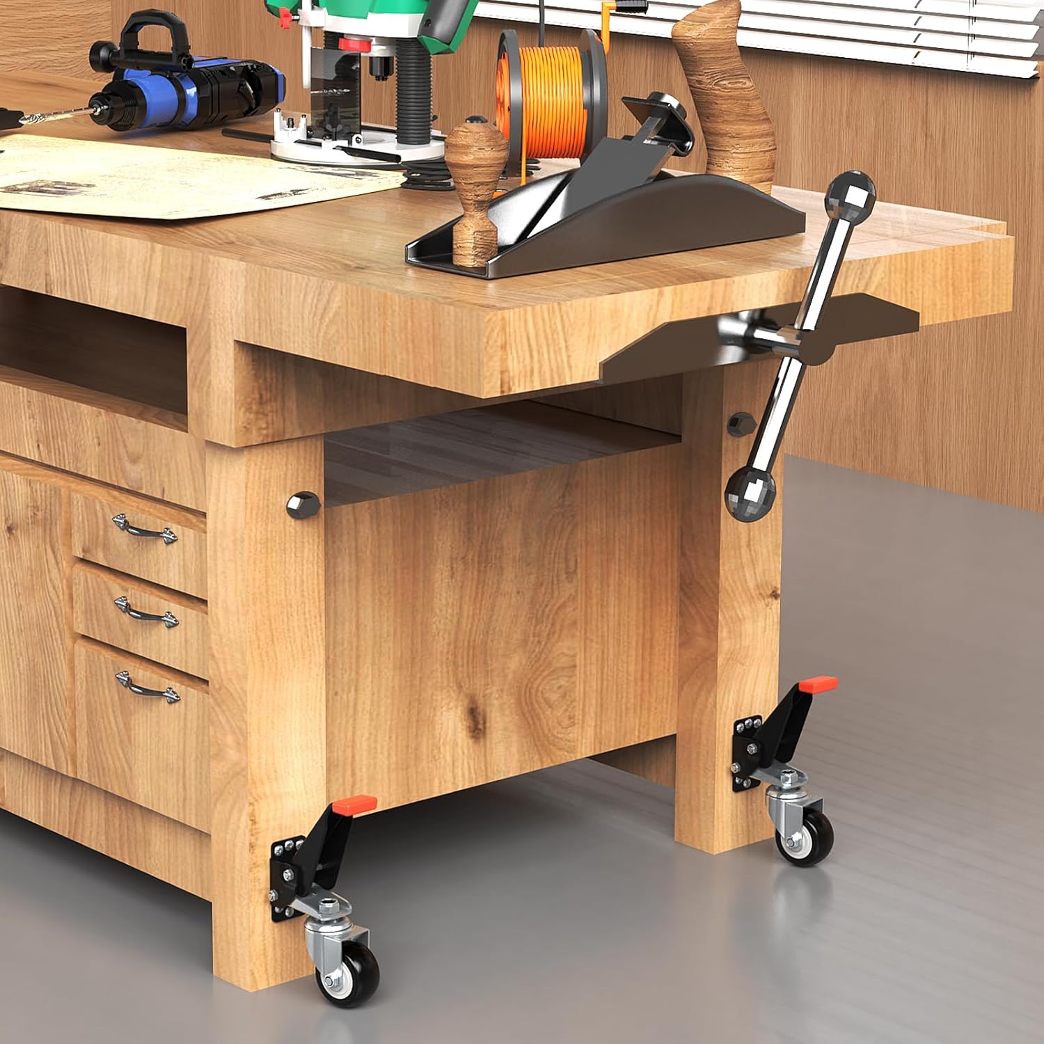 SPACEKEEPER Workbench Casters kit 660 Lbs - 4 Heavy Duty Retractable Caster Wheels Designed for Workbenches Machinery & Tables, Install Template Included