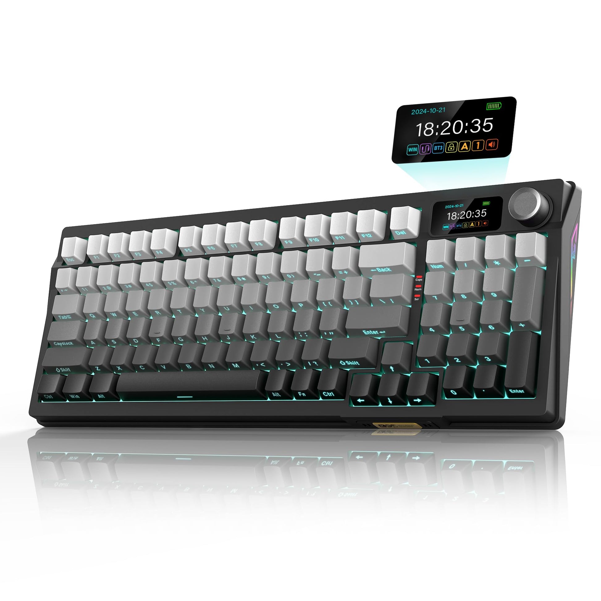 RedThunder K95 Wireless Mechanical Keyboard, TFT Screen & Knob, Tri-Mode BT5.0/2.4GHz/USB-C Hot Swappable Custom, Pre-lubed Linear Pink Switches, Gasket Structure, RGB Gaming Keyboard, Black-Gold