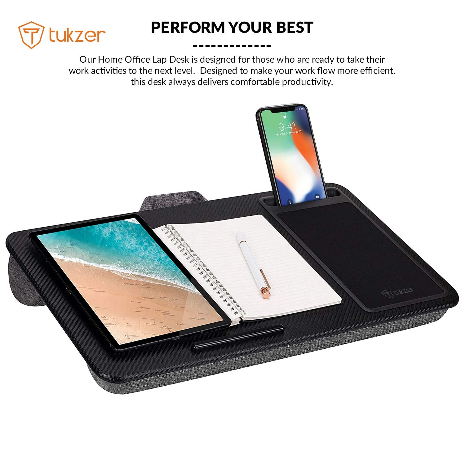 Tukzer Lap Desk Fits up to 17-Inch Laptop Angled Pillow Cushion with Built-in Mouse Pad & Phone Holder(Carbon Fiber)
