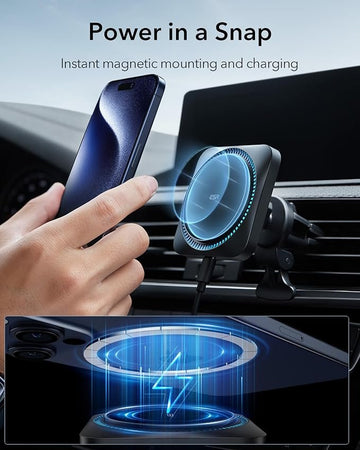 ESR Wireless Car Charger with CryoBoost, Compatible with MagSafe Car Charger, HaloLock Car Mount Charger for iPhone 15/14/13/12 Series &amp; Magnetic Cases, Fast Charging,Phone Cooling/Frosted Onyx, Black