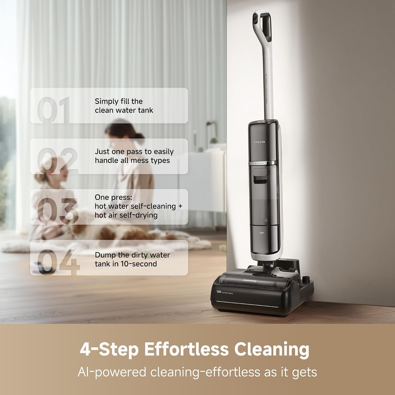 dreame H15 Pro Heat Wet Dry Vacuum and Mop, 185°F Hot Water Floor Cleaning | 0 Hair Tangle for Pet, Vacuum Cleaner with AI Robotic Arm, 22KPa Suction, 180° Lie-Flat, Hot Self Cleaning, Edge to Edge