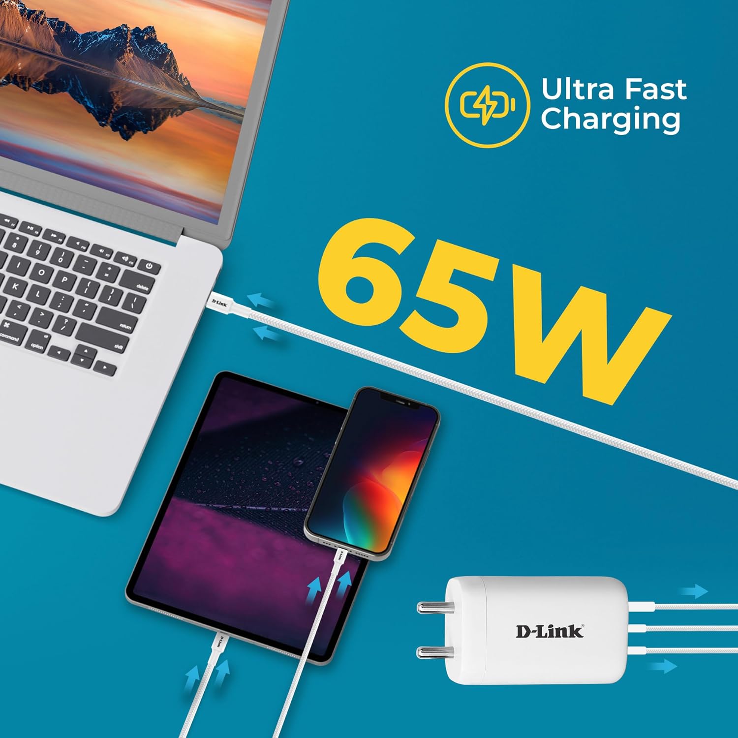 D-LINK 65W PDQC Fast Wall Charger Adapter with C to C 5 A Braided Cable | Mobile, Type C Laptop & Tab Charger | Triple Output| Fast Charging with GaN Technology | Universal Compatibility