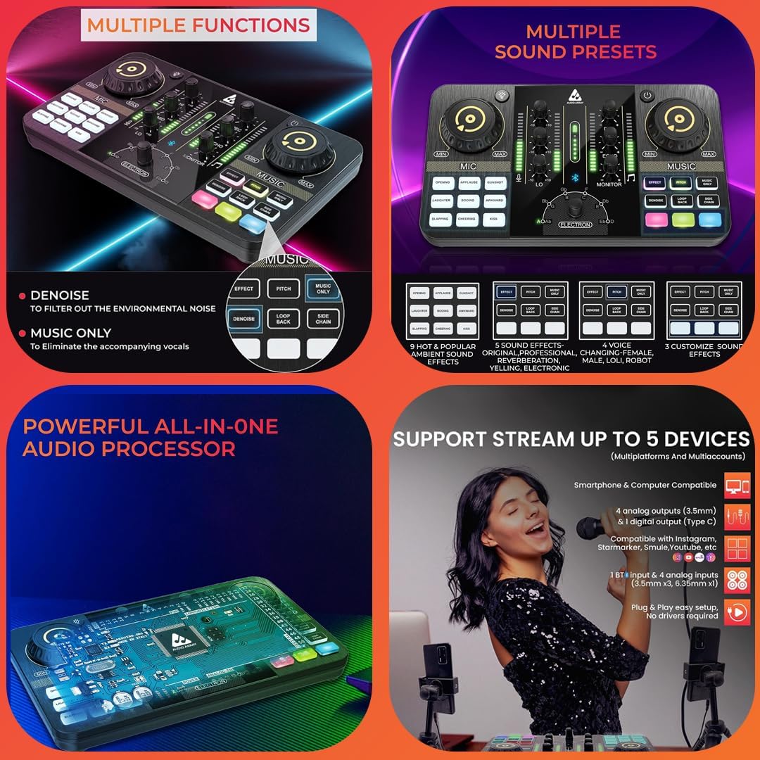 Audio Array AB-01 Audio Interface Podcasting Streaming Console Mixer with Bluetooth & XLR to 3.5mm Condenser Mic | Upto 8hr Battery Backup| Gaming, Streaming | Compatible with Mobile & Computers