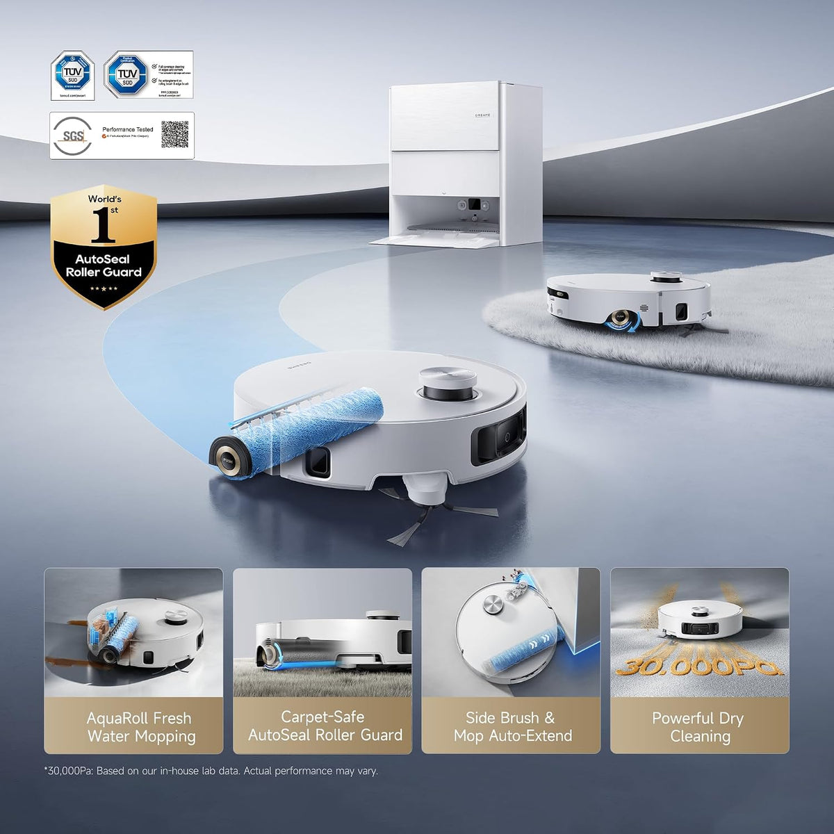 dreame Aqua10 Roller AE Robot Vacuum and Mop, Fresh Water Self-Washing | Carpet-Safe Roller Guard, Thermo Mopping, 30,000Pa Suction & Detangling for Hair, Edge to Corner Cleaning