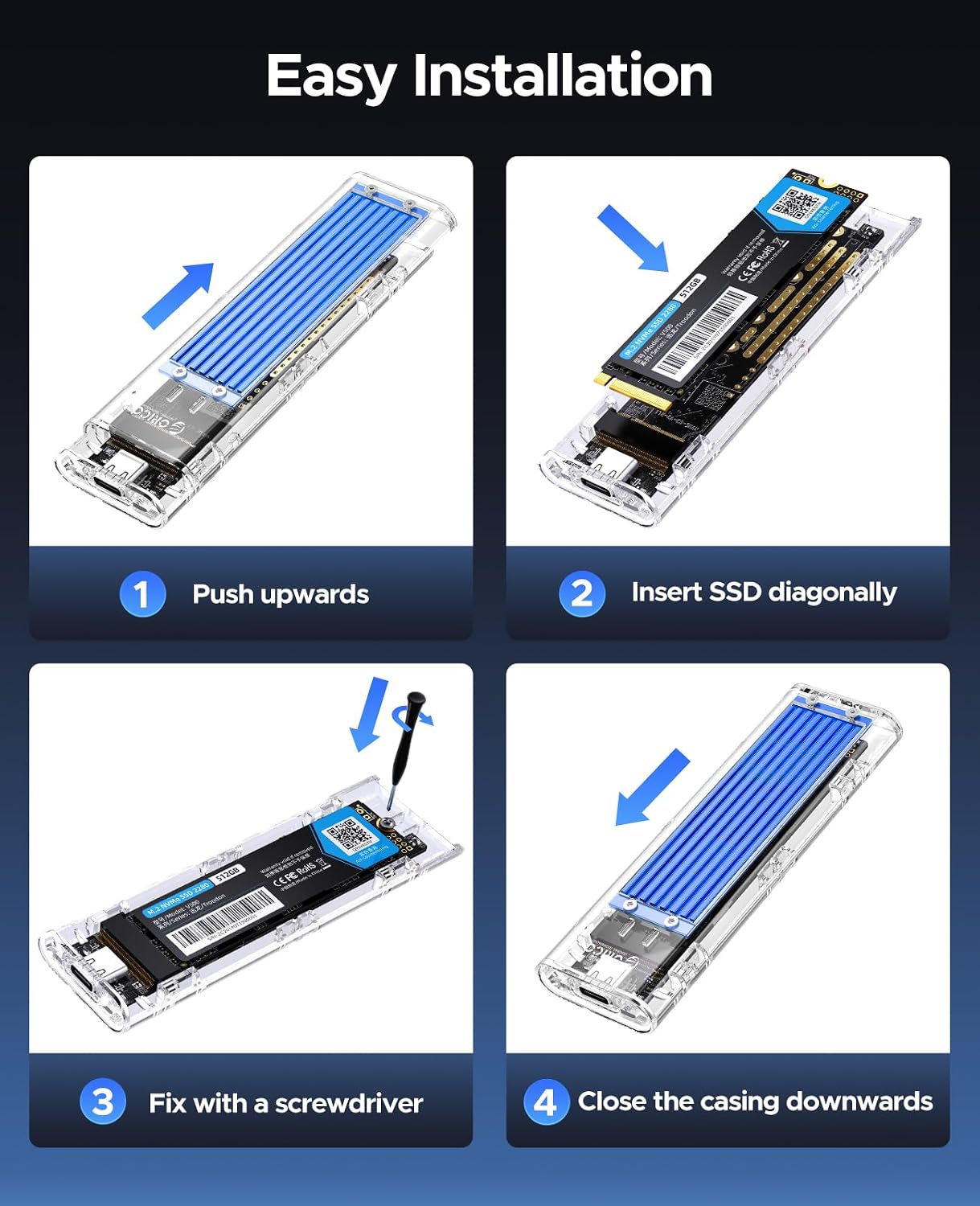 ORICO M.2 NVME Enclosure Adapter, USB 3.2 Gen 2 (10 Gbps), Transparent External Solid State Drive Adapter Enclosure for 2280 2260 2242 2230 PCI-E M2 M-Key SSD, USB Type C Converter Case (TCM2-Blue)