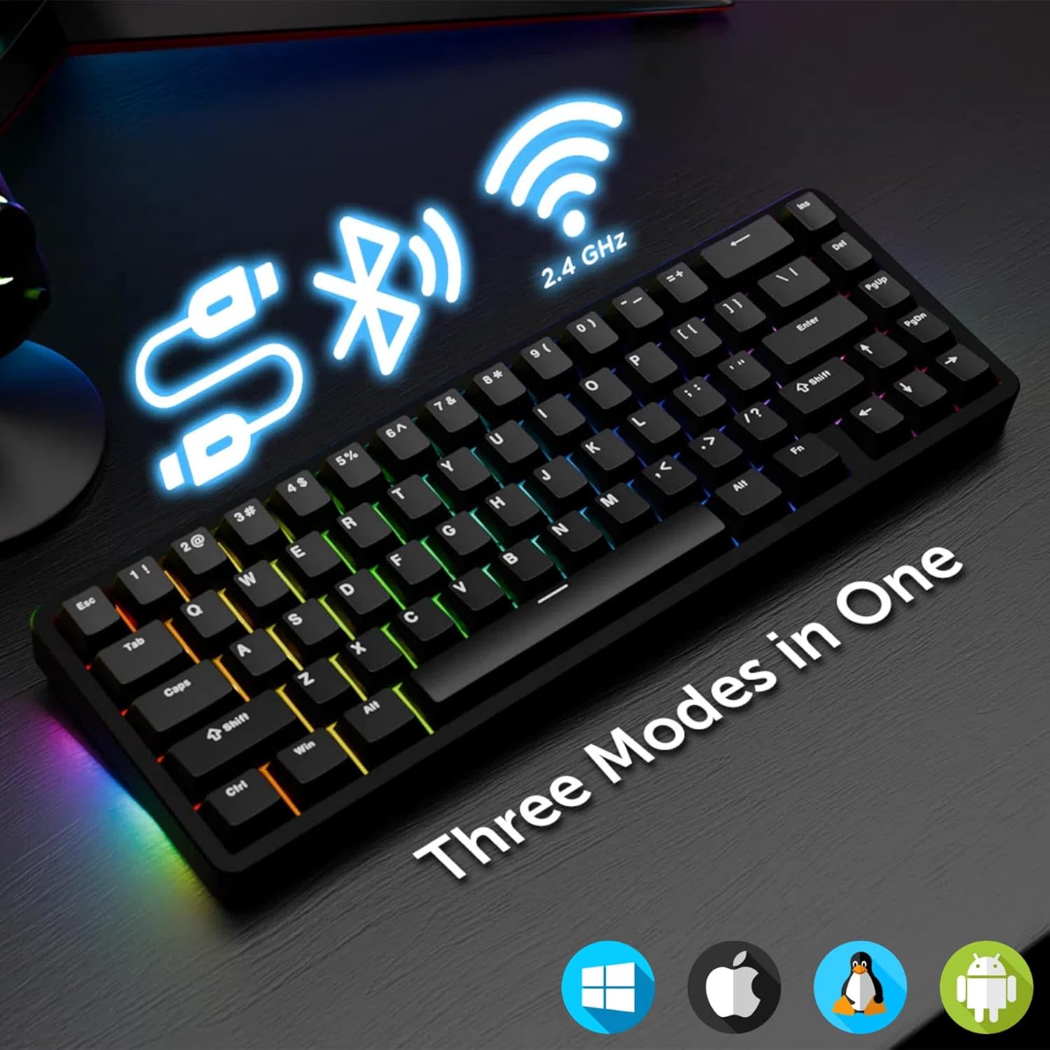 Chilkey ND65 Wireless Aluminum Mechanical Keyboard, 65% Layout Portable Gaming Keyboard, Tri-Mode BT5.0/2.4GHz/USB-C Hot Swappable Custom RGB Backlit Key Board for Laptop Office PC - Black