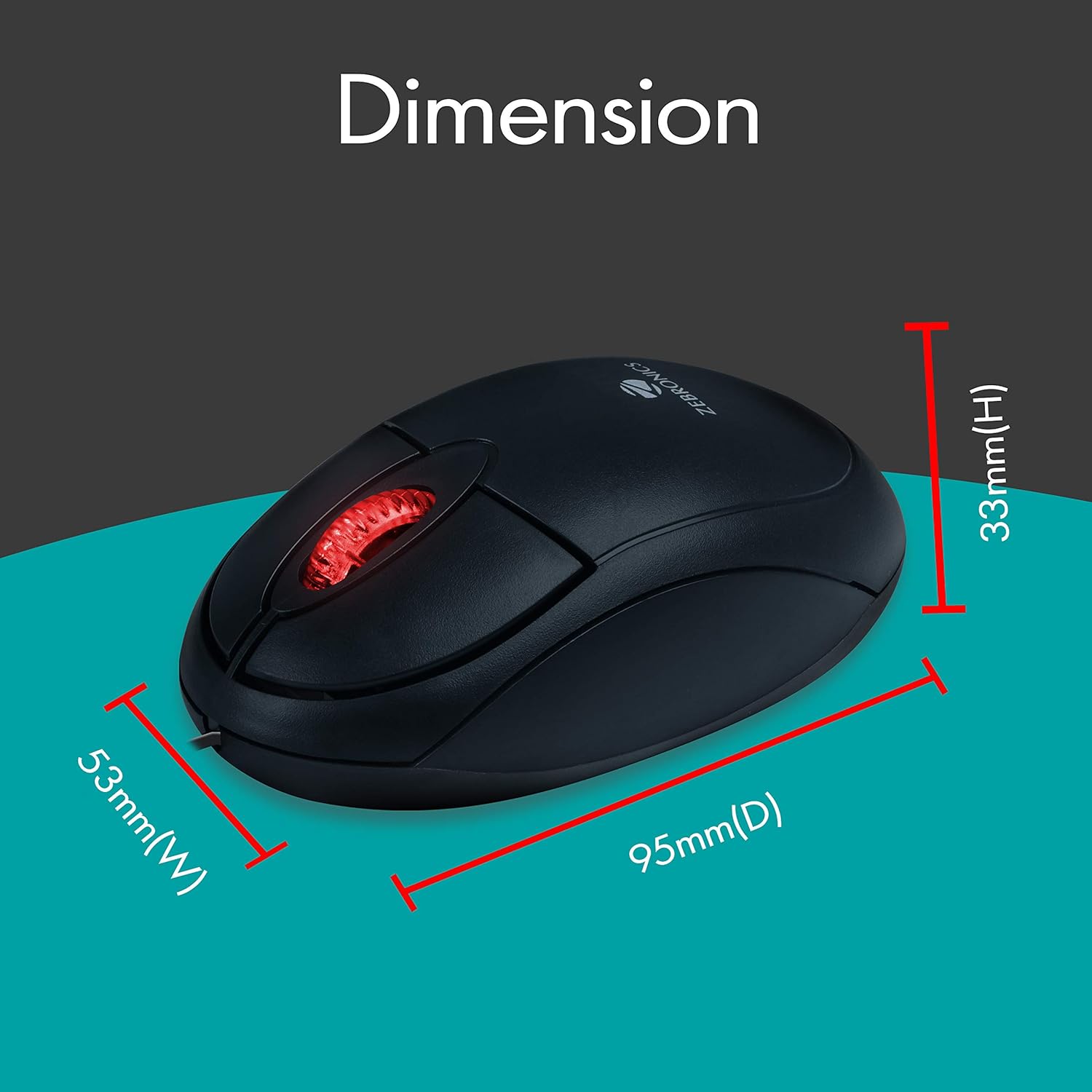 Zebronics Rise, Wired Optical Mouse, 3 Buttons, High Precision, 1200 DPI, Works on Most Surfaces, Plug & Play, USB Interface, 1.2m Cable Length