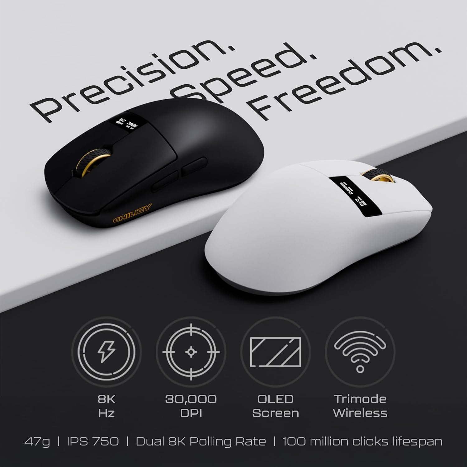 OOCTPK Wireless Mouse, Chilkey Glacier LW 8K L Gaming Mouse with LCD Screen, 8K Polling Rate, 30000 DPI Optical Tracking, 750 IPS, Bluetooth/2.4GHz/USB-C, 47g Ultra-Lightweight, 100 Million Clicks