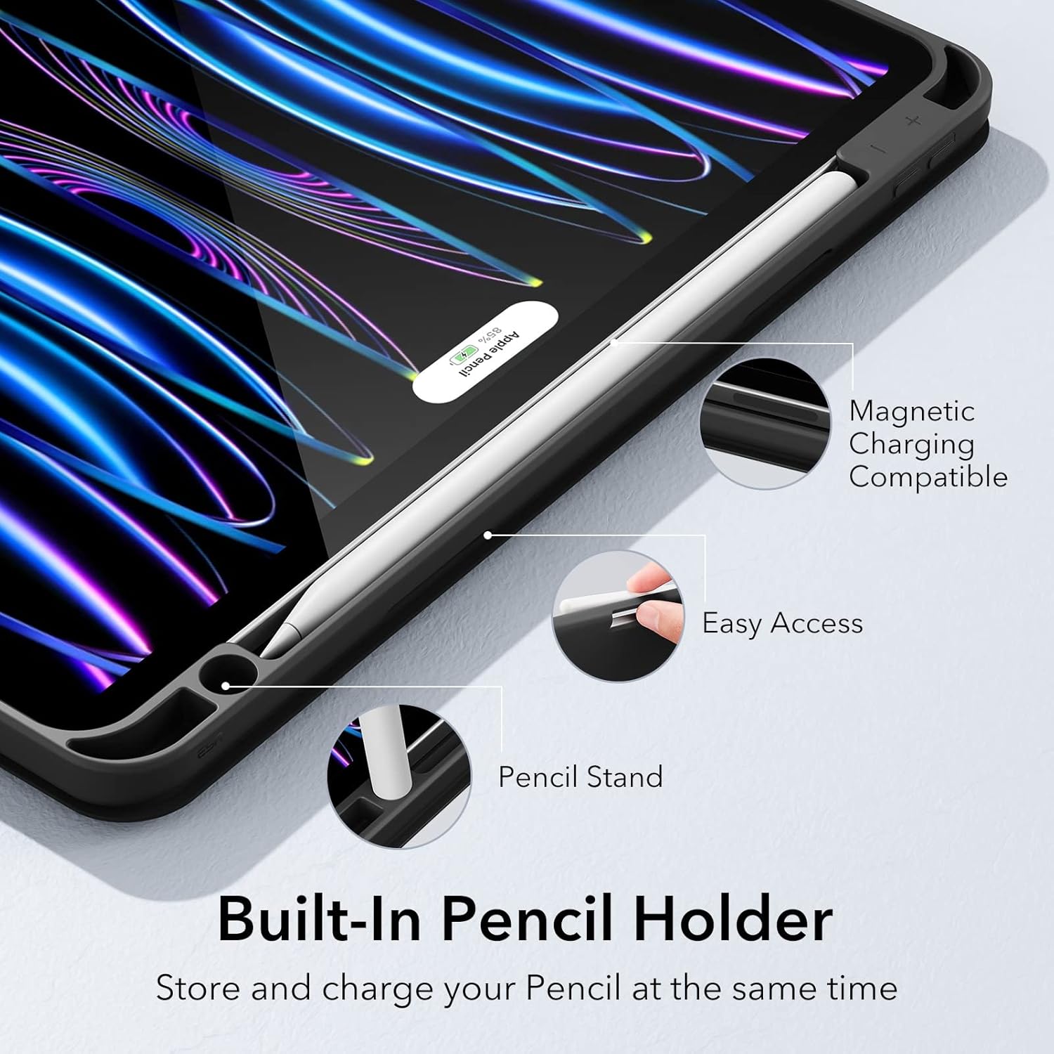 ESR for iPad Pro 11 inch Case (2022/2021/2020/2018, 4th/3rd/2nd/1st Gen), Built-in Pencil Holder, Pencil 2 Support, Flexible Back Cover, Trifold Stand, Auto Sleep/Wake, Rebound Pencil Series, Black