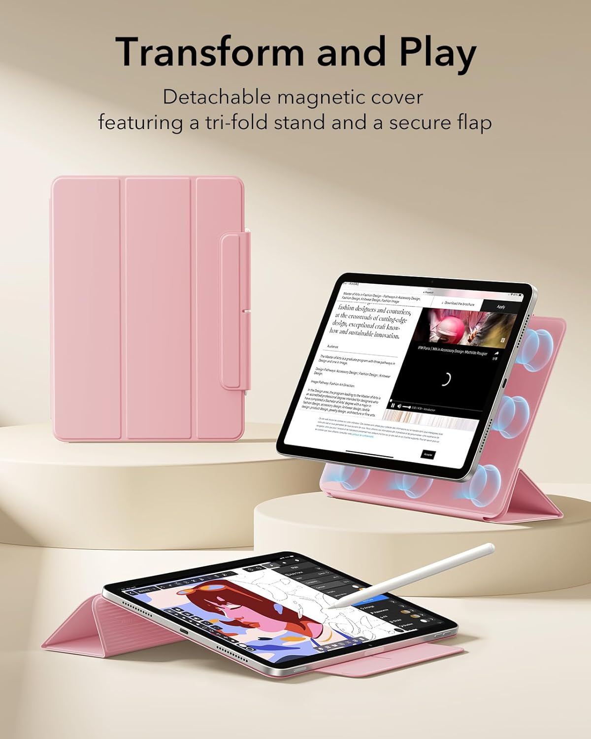 ESR for iPad Air 13 Inch Case M4/M3/M2 (2026/2025/2024), iPad Pro 12.9 Cover, Powerful Magnetic Attachment, Slim Trifold Stand Case, Supports Pencil Pro & Pencil (USB-C), Rebound Series, Pink