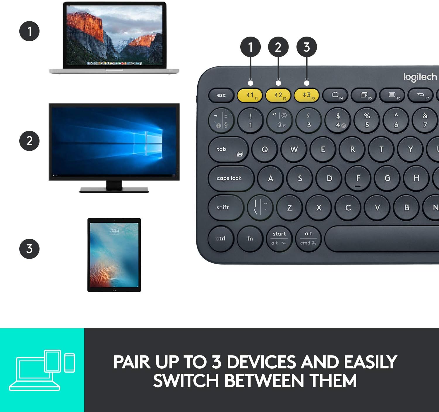 Logitech K380 Pebble Multi-Device Bluetooth Keyboard – Windows, Mac, Chrome OS, Android, iPad, iPhone, Apple TV Compatible – with Flow Cross-Computer Control and Easy-Switch up to 3 Devices –Dark Grey