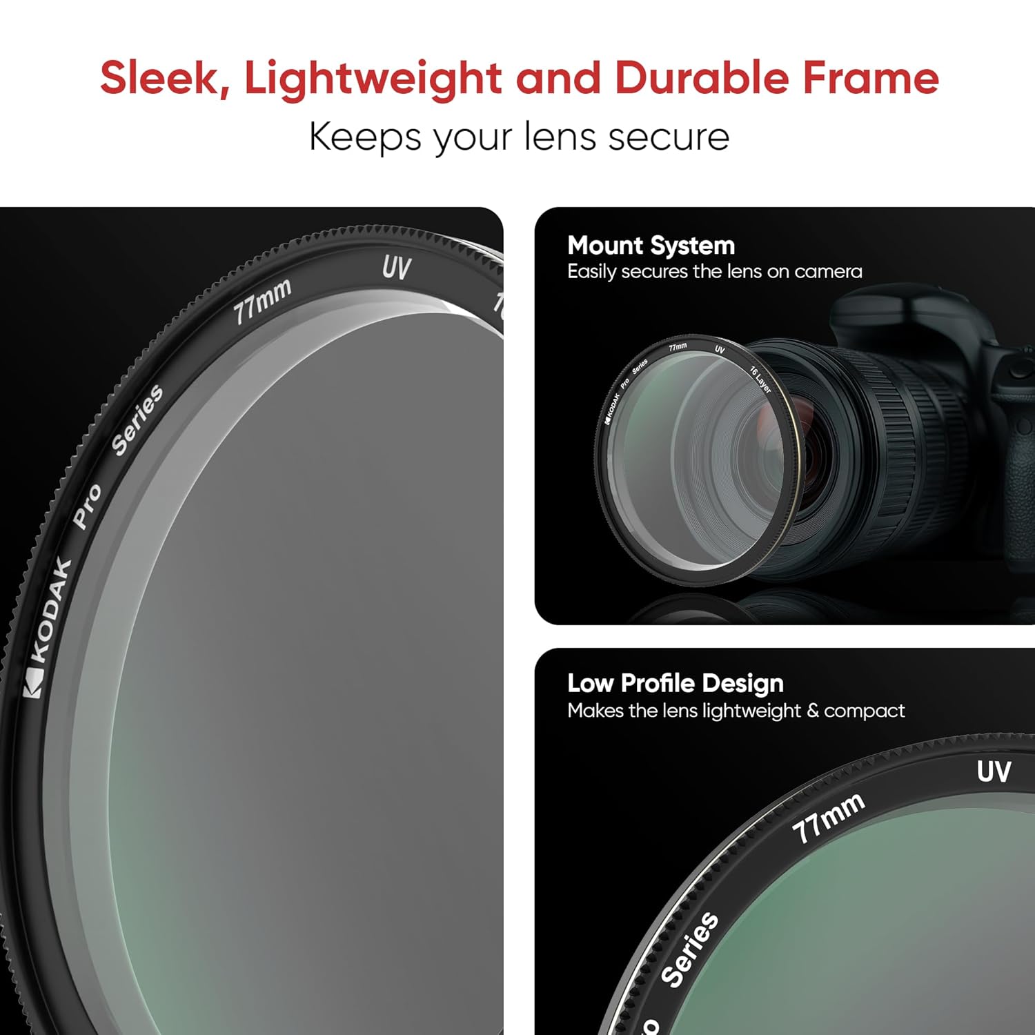 Kodak 77mm Pro Series Camera Lens UV Filter|16 Layer Multi Coating for DSLR Camera Lens|Protection from UV Rays, Dust & Scratches|Aluminum Lens Ring|Waterproof|Black