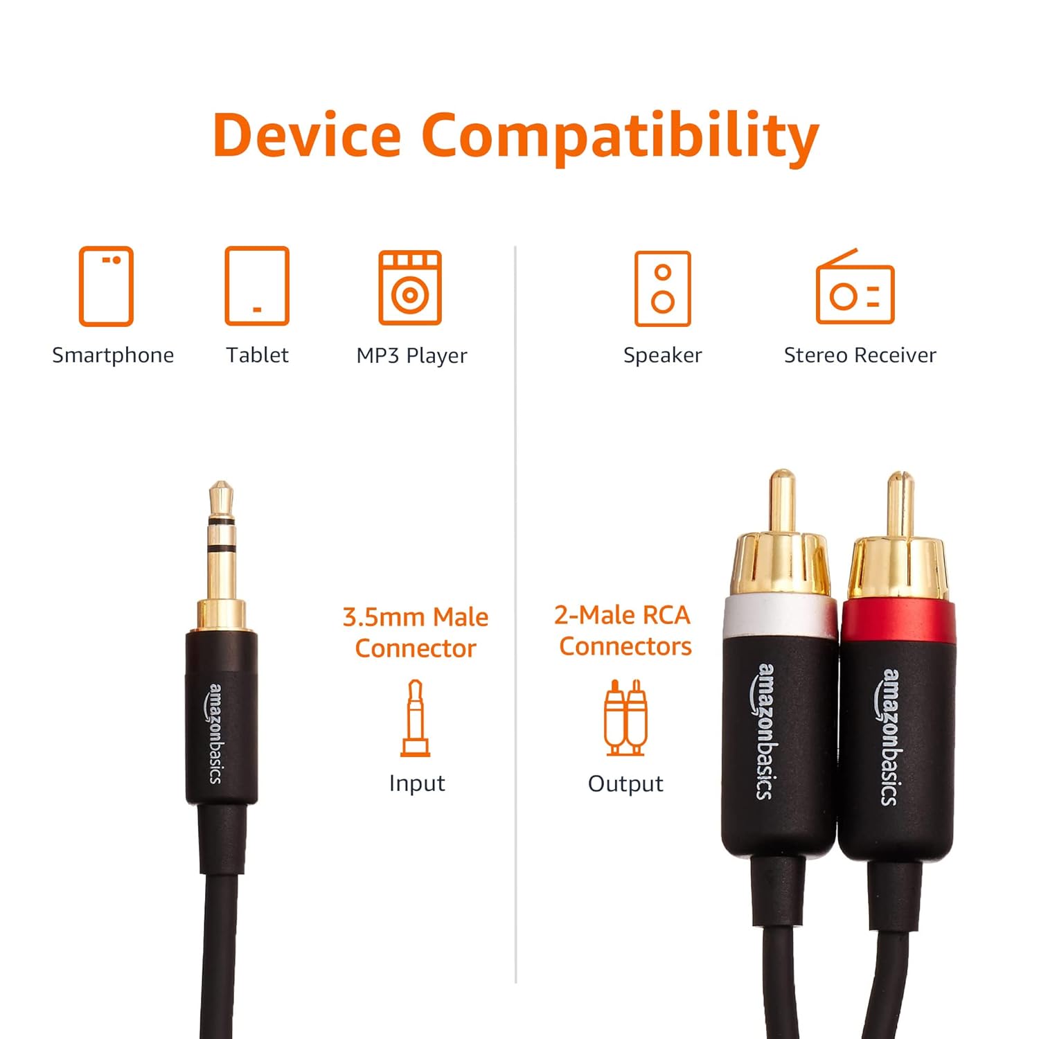Amazon Basics s 3.5mm to 2-Male RCA Adapter cable - 4 feet, Gold