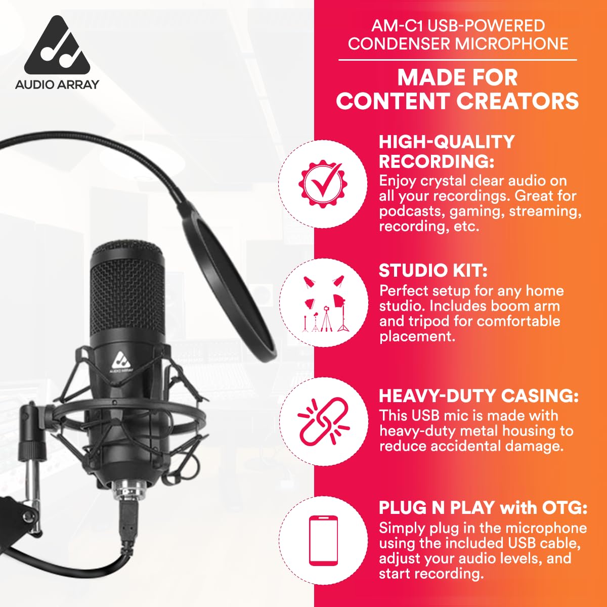 Audio Array AM-C1 USB Condenser Microphone Kit | 192kHz/24bit | BoomArm, Pop Filter, Mic Cover, Shock Mount, Tripod & 2.5M USB Cable | Podcasting, Gaming, Singing & Live Streaming