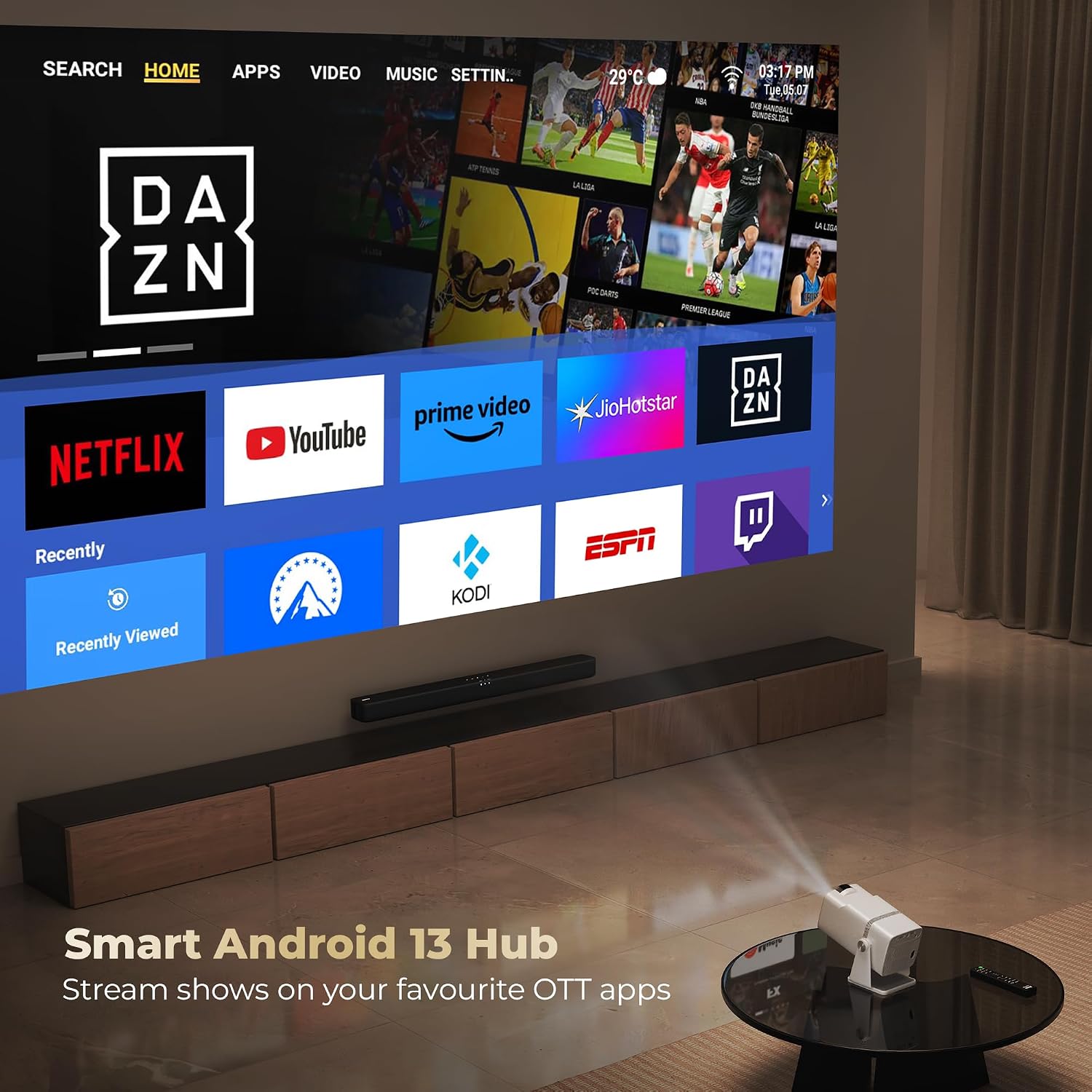 Lifelong Electronics Lightbeam X Smart Projector | Android, 1080P & 4K Ultra HD Support, 2X 3500 Lumens, 720p Native | For Room & Outdoors | All OTT Apps | WiFi/BT,Mirroring,USB,ARC,HDMI,180°,Speakers