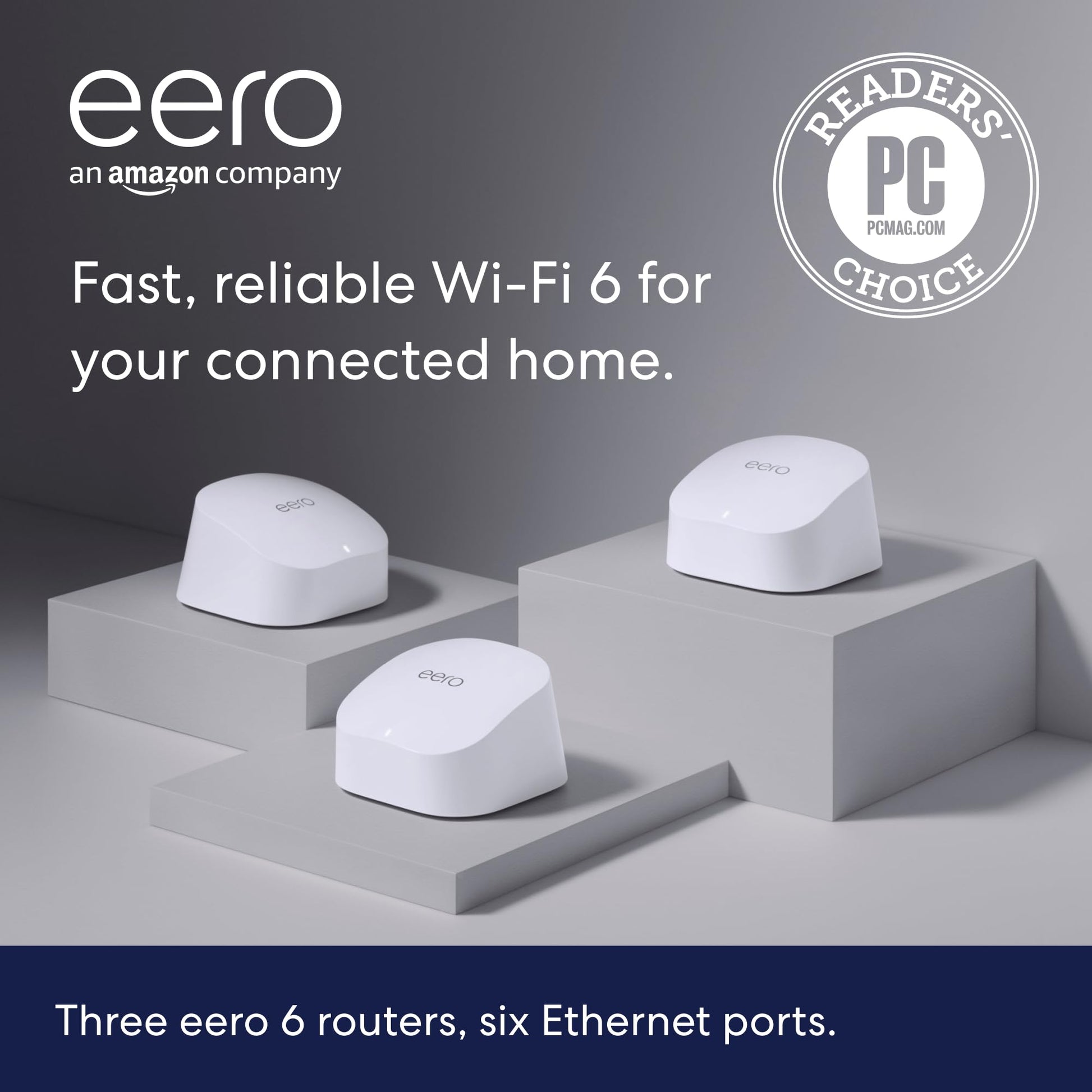 Amazon eero 6 mesh wifi system - Supports internet plans up to 500 Mbps, Coverage up to 4,500 sq. ft., Connect 75+ devices, 3-pack (1 router + 2 extenders)