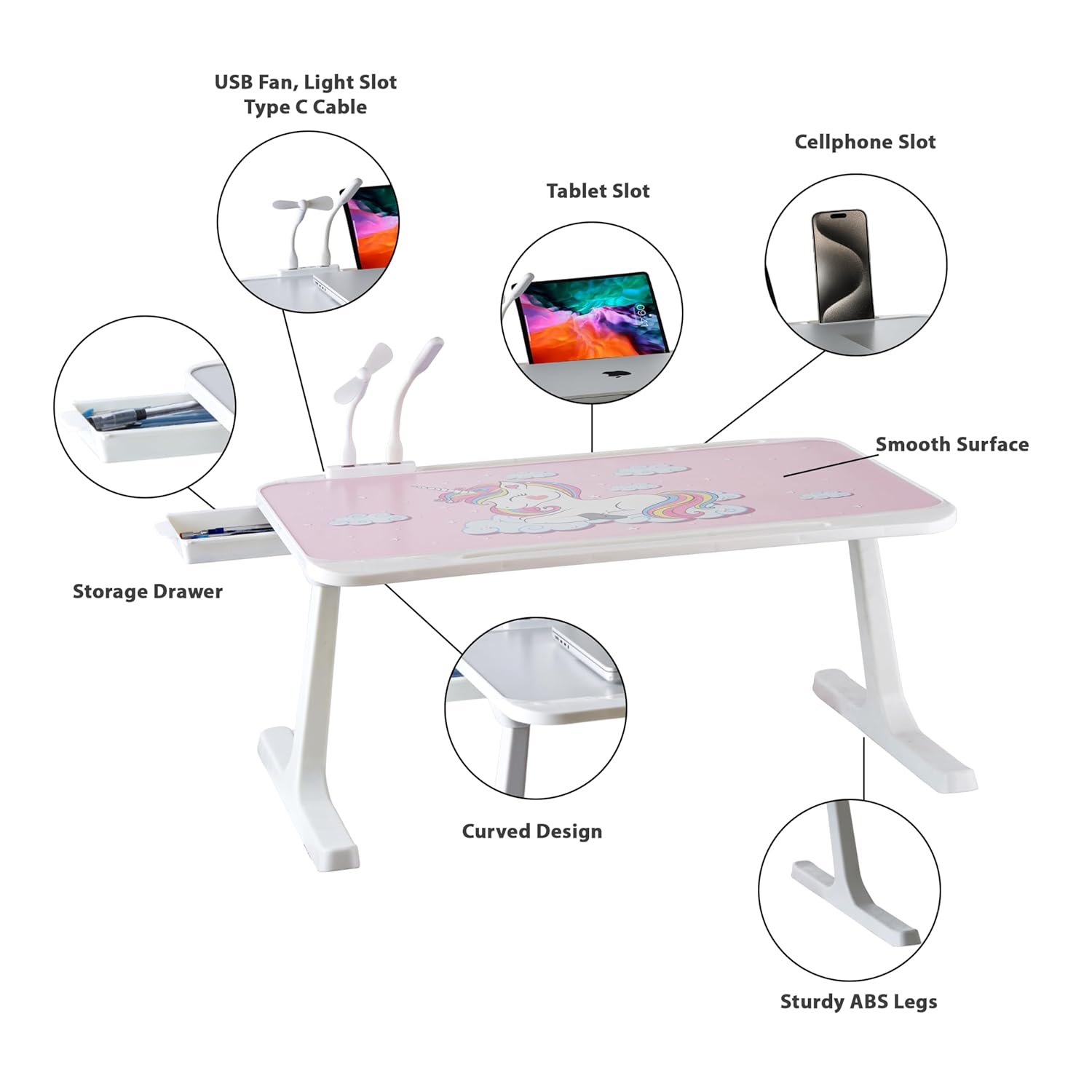 GoRogue Laptop Table for Bed & Sofa, Foldable Desk with Cup Holder, Drawer & Built-in USB Hub with Free Mini Fan, LED Lamp (Pink)