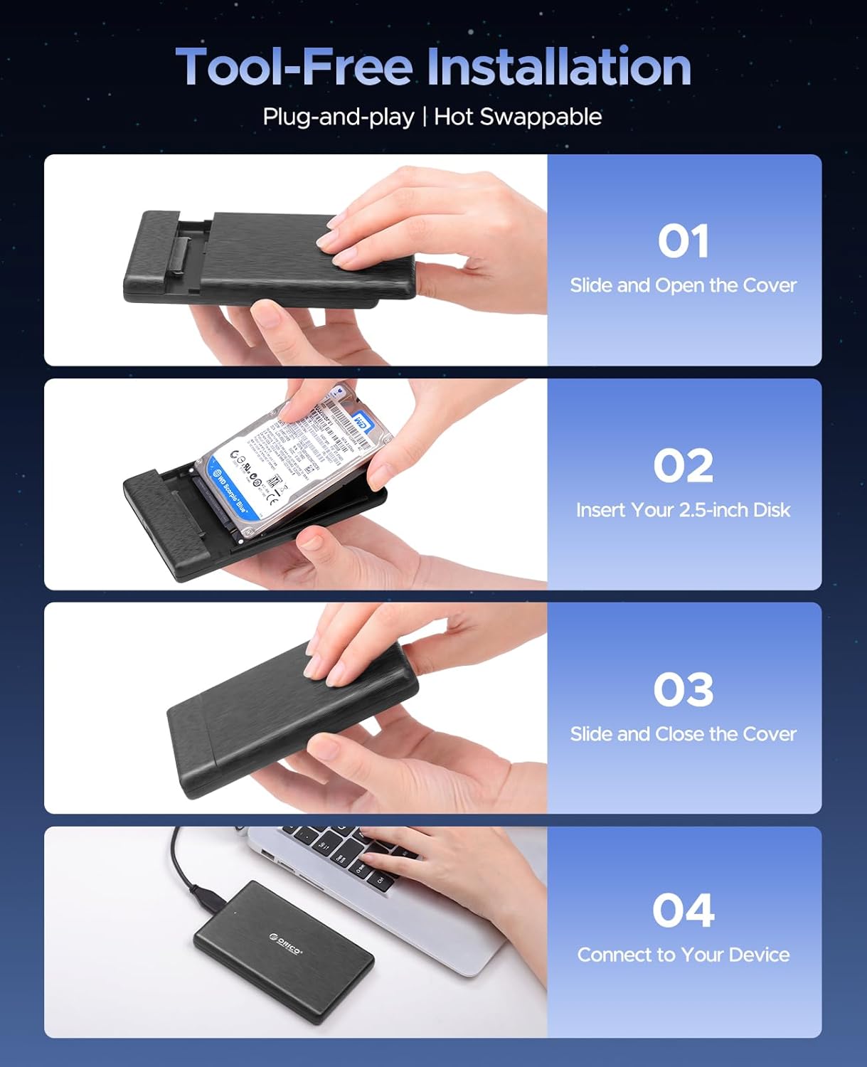 ORICO USB3.0 to SATA III 2.5" External Hard Drive Enclosure for 7mm and 9.5mm 2.5 Inch SATA HDD/SSD Tool Free [UASP Supported] Black