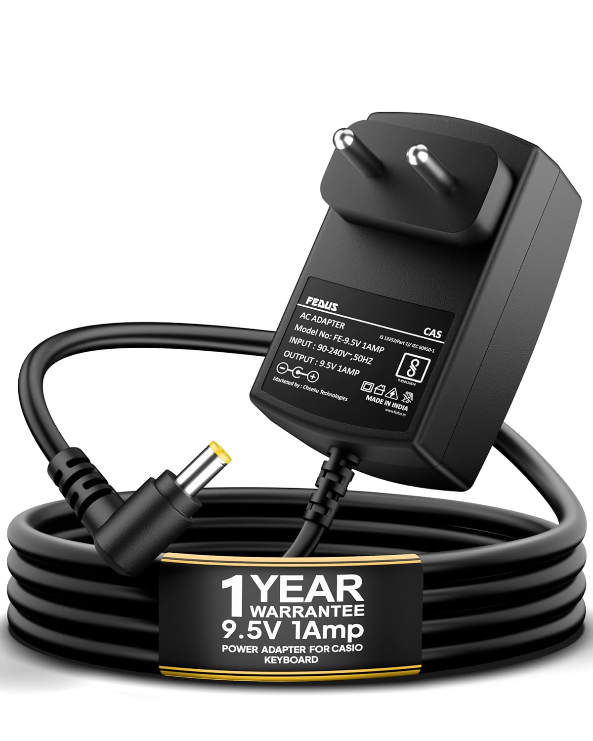 FEDUS ClearTone 9.5V 1A Power Adapter for Casio Piano Electronics Keyboards, Replacement for AD-E95100L, Fits SA-46, SA-47, SA-76, SA-77, CTK-240, CTK-1100, CTK-1150, CTK-1200, 2 meter Extra Long Cord