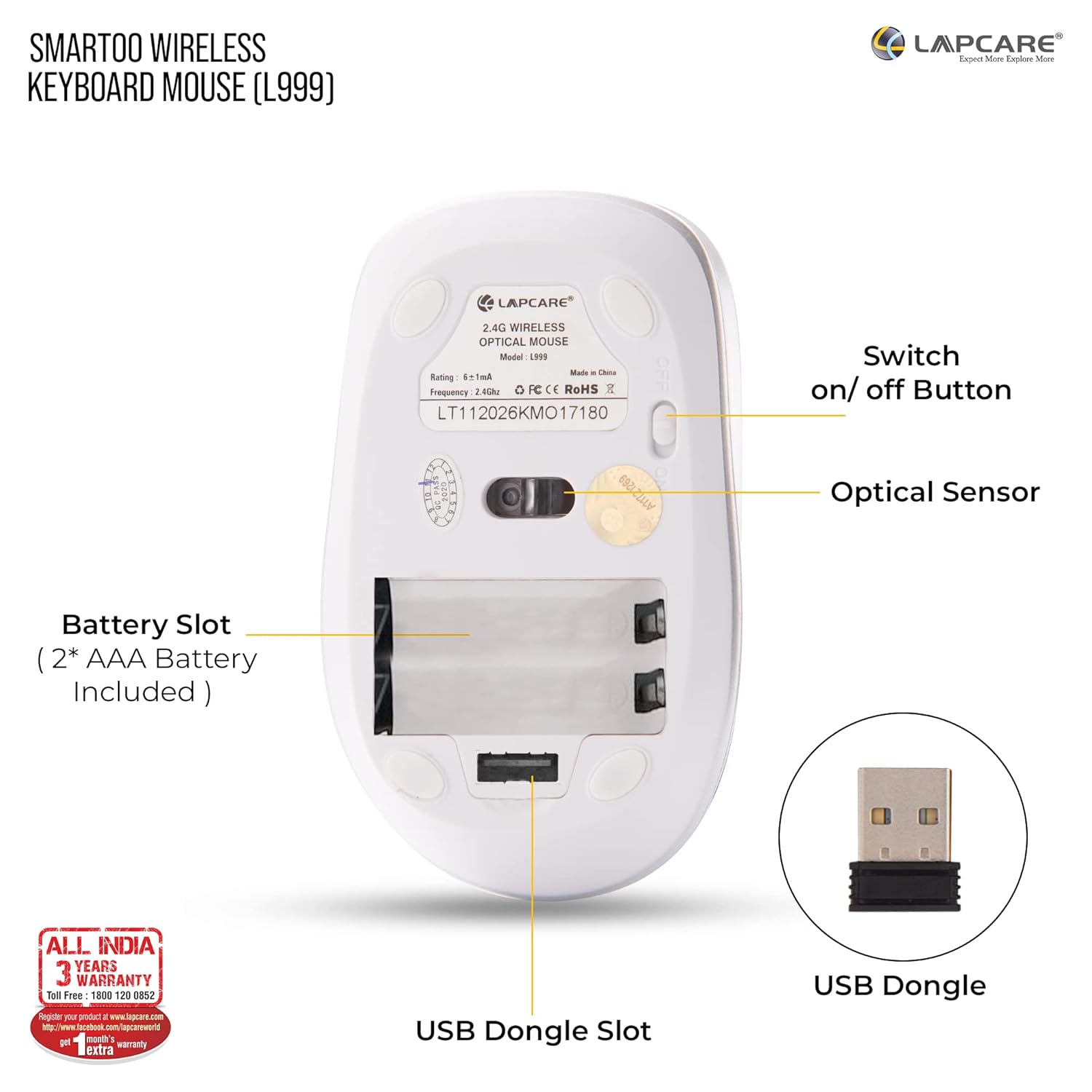 Lapcare Smartoo Wireless Membraned Keyboard and 1200 DPI Mouse Combo with Auto Sleep (White/Silver)