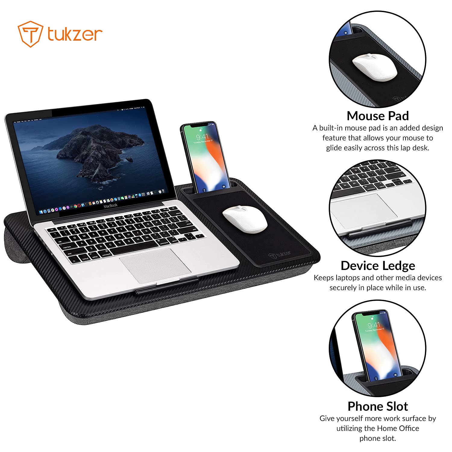 Tukzer Lap Desk Fits up to 17-Inch Laptop Angled Pillow Cushion with Built-in Mouse Pad & Phone Holder(Carbon Fiber)