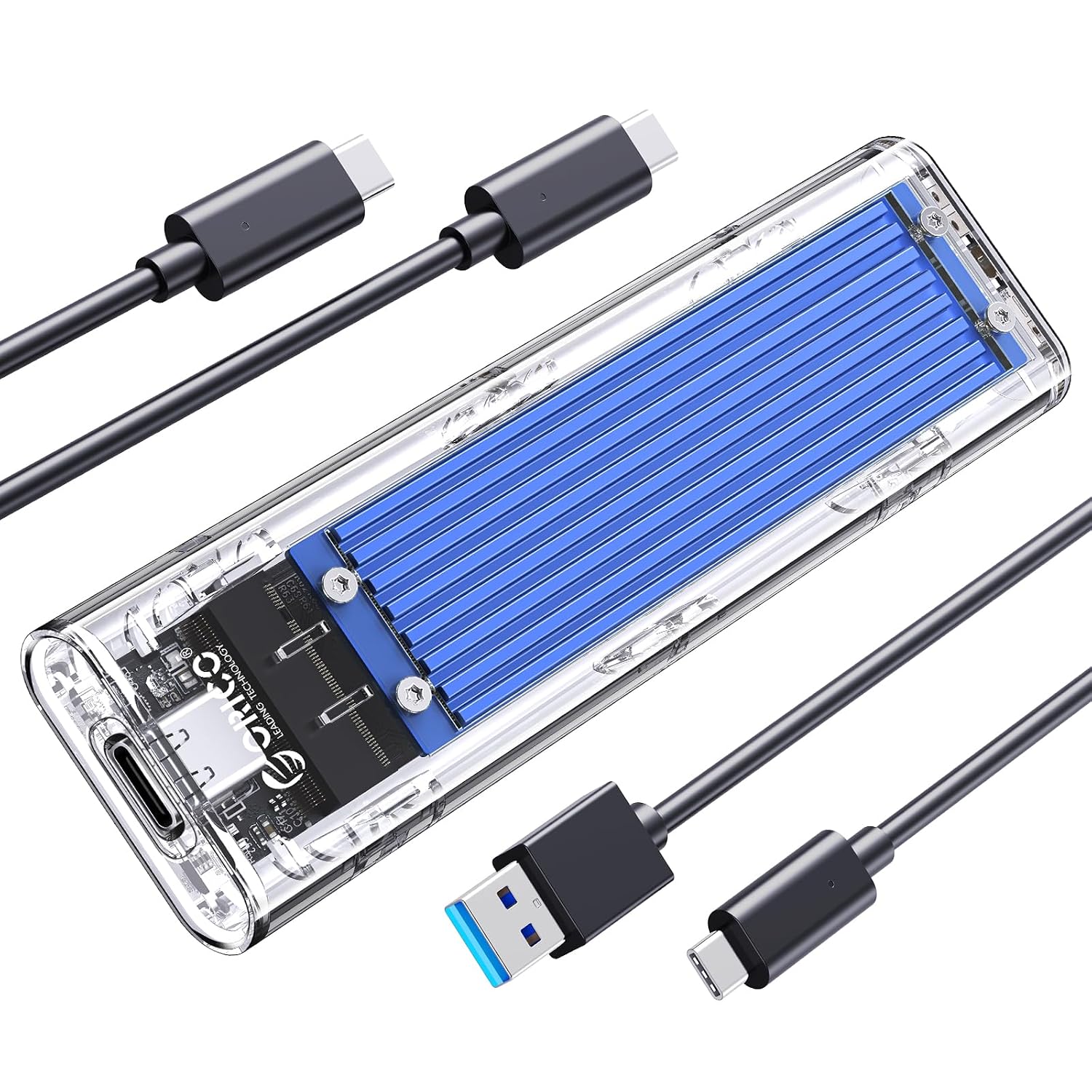 ORICO M.2 NVME Enclosure Adapter, USB 3.2 Gen 2 (10 Gbps), Transparent External Solid State Drive Adapter Enclosure for 2280 2260 2242 2230 PCI-E M2 M-Key SSD, USB Type C Converter Case (TCM2-Blue)