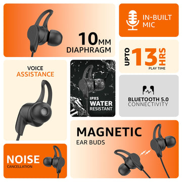 amazon basics in-Ear Bluetooth 5.0 Wireless Neckband with Mic, Up to 13 Hours Playback Time, Magnetic Earbuds, Noise Cancellation, Voice Assistant, Dual Pairing and IPX5 Rated (Black)