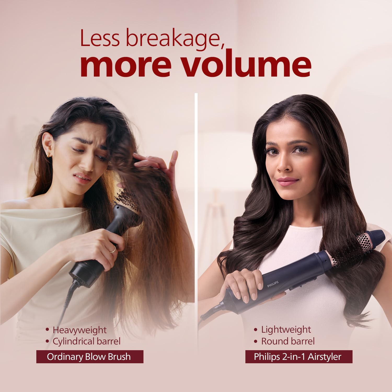 Philips India’s No.1 Hair Styling Brand 2-in-1 Airstyler | Straightening Brush + Hot Air Brush Combo | 3X Volume | 50% Less Breakage,2 Attachments, 3 Heat Settings, Cool Shot, For Indian Hair