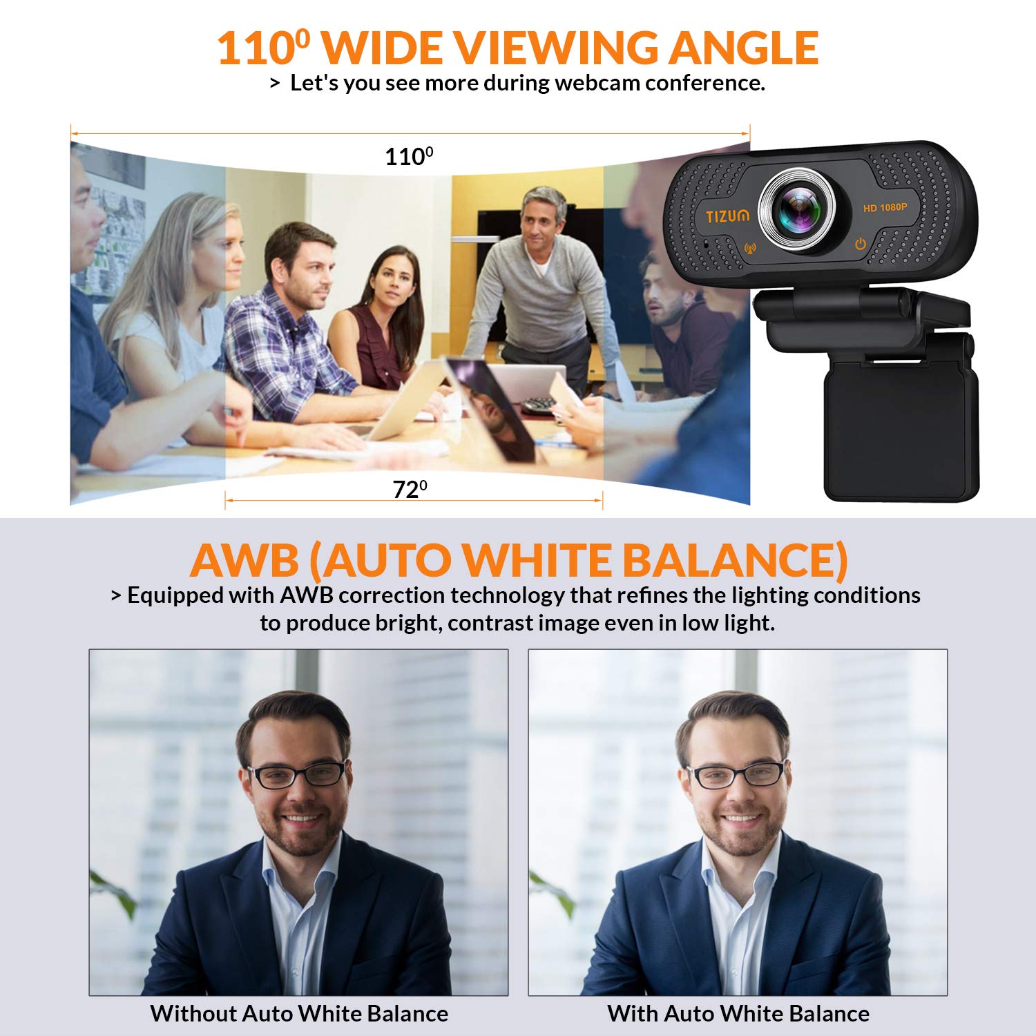Tizum ZW81- Full HD 1080p Digital Webcam, Widescreen Viewing Angle, Auto Light Correction, Noise-Reducing Mic, for Skype, FaceTime, Hangouts, Xbox, PC/Mac/Laptop/MacBook/Tablet, Black
