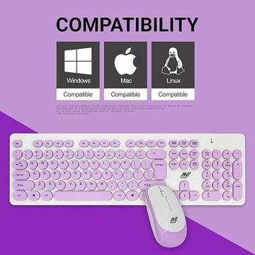 Ant Value FKBRI05 Wireless Keyboard Mouse Combo - 2.4Ghz Aesthetic Quiet Keyboard and Mouse - 110 Keys Full Size Ultra-Thin Keyboard for Laptop, Computer, PC, Notebook, Windows, Mac OS (Purple white)