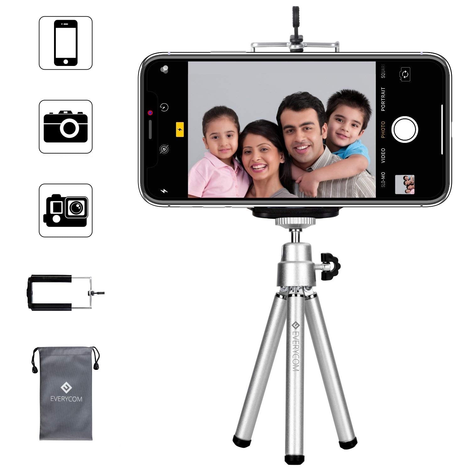Everycom Mini Tripod with Phone Holder Portable Lightweight Flexible with 360 Degree Compatible with All Smart Phones and Digital Camera for Vlogging Blogging Shooting Photography, Silver Color