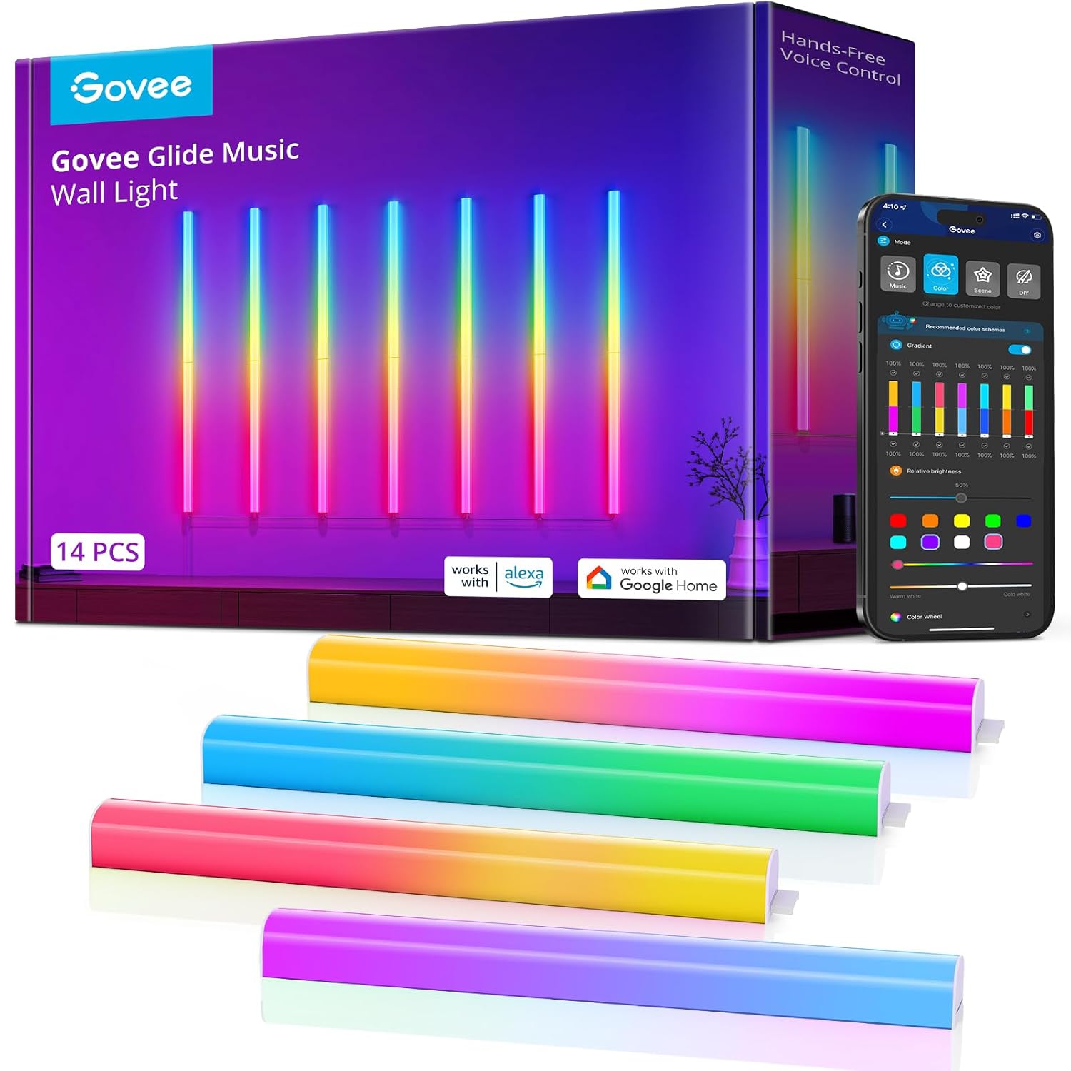 Govee 14 Pcs Glides Led Wall Light, Music Sync, Alexa & Google Assistant Compatible, Multicolor, Waterproof, 17 Inch Cable, Modern Style, Indoor Use