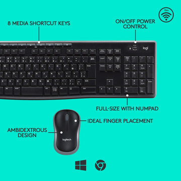 Logitech MK270R Wireless Keyboard and Mouse Combo for Windows, 2.4 GHz Wireless, Compact Wireless Mouse, 8 Multimedia & Shortcut Keys, PC (Black)