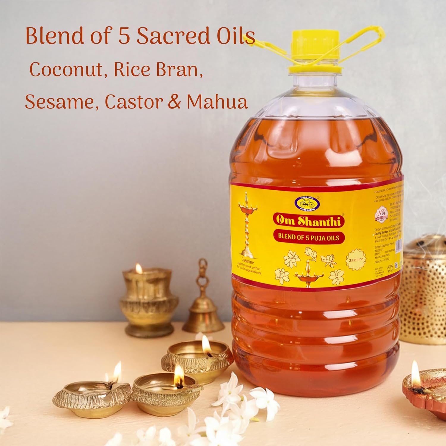 Om Shanthi POOJA MADE PURE Cycle Pure Puja-Oil | 5L Festival & Havan Use | Til-Based Sacred Lamp Blend with Jasmine Fragrance | Daily Rituals & Puja Lamps