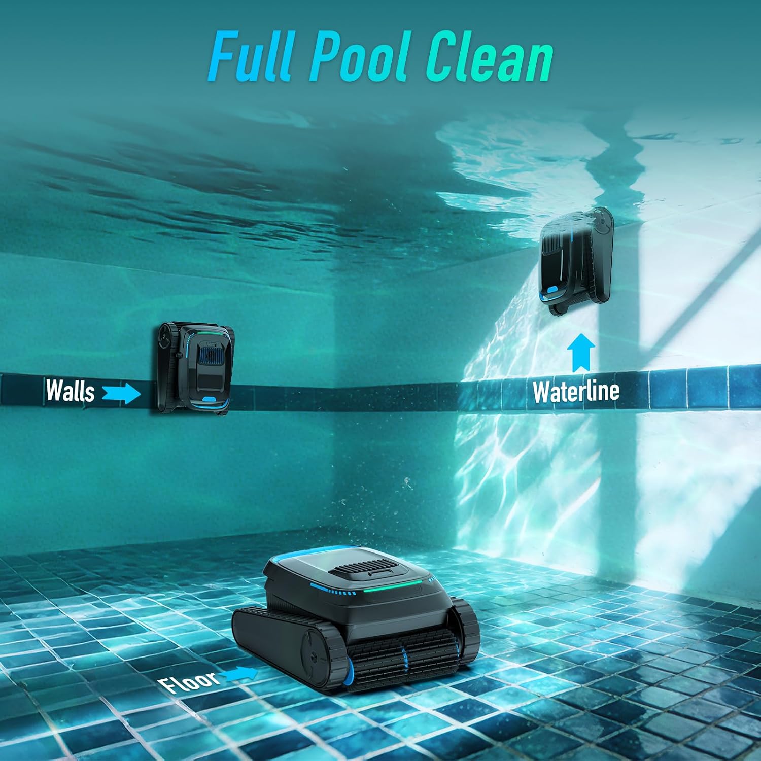 Pool Robot Vacuum, Cordless Robotic Pool Cleaner | 5000GPH, 120min run, Cleans floor/walls/waterline. Auto-park. For inground/above ground pools up to 1830 sq ft.