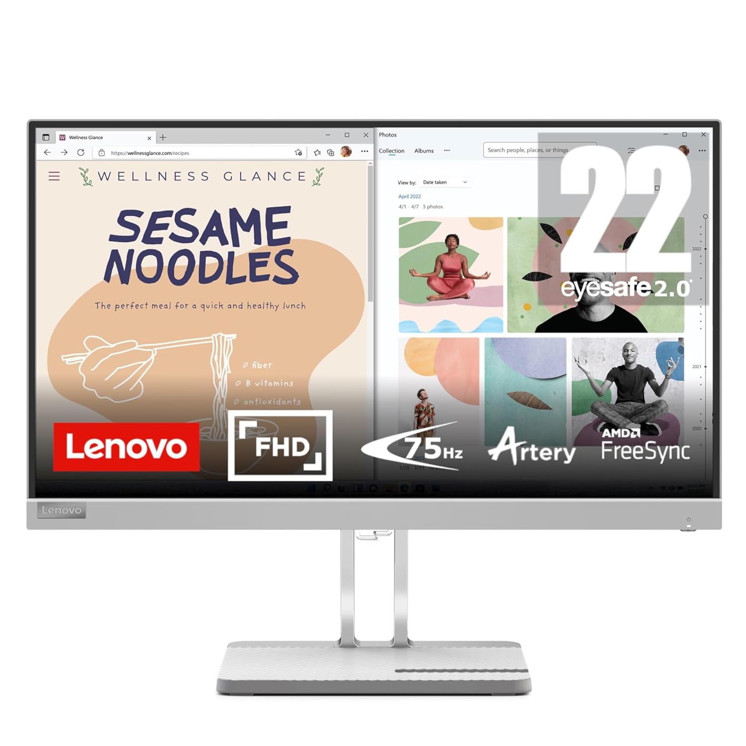 Lenovo L22e-40, 21.4 Inch (54.48 cm), FHD 1920x1080, 75Hz, Grey, 4ms, 16.7Mn Colors, AMD FreeSync, TUV Eye Comfort, Low Blue Light, Smart Display Customization Artery, HDMI Monitor