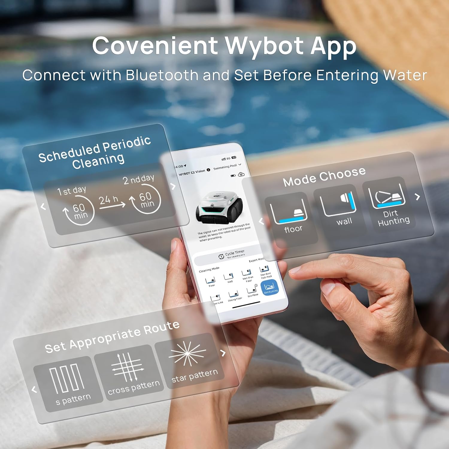 WYBOT C2 Vision Pool Robot Vacuum, Debris Detection with AI Camera, 8-in-1 Master Cleaning, Ultra-fine Filtration, Powerful Suction, for Above&Inground Pool up to 2152 Sq.ft, White Green