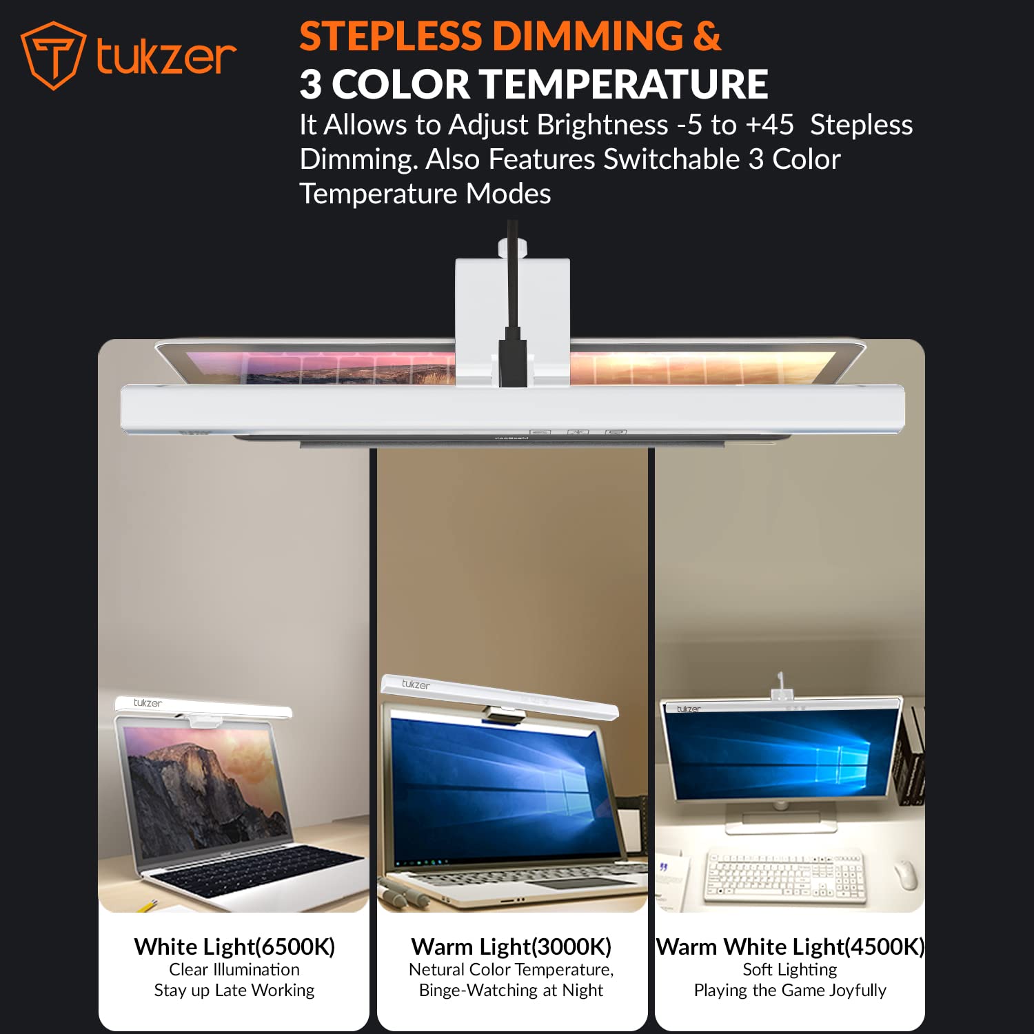 Tukzer स्मार्ट टच सेंसर के साथ 13-इंच लैपटॉप स्क्रीन लाइट बार | USB संचालित 5W LED ई-रीडिंग लैंप | 3 रंग तापमान मोड, स्टीप्लेस डिमिंग, 60-मिनट टाइमर, नो स्क्रीन ग्लेयर आई हेल्थ केयर (काला)