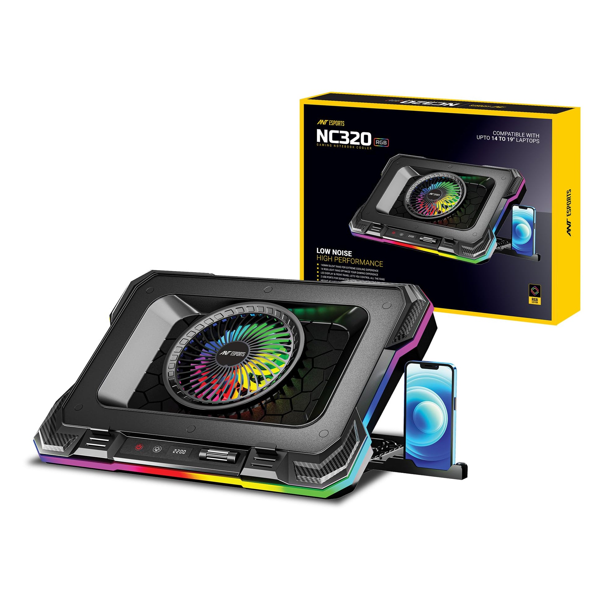 Ant Esports NC250 RGB Laptop Cooling Pad, Laptop Cooler with Mobile Holder 6 Quite Fans Fan Speed Controller 7 Height Adjustable Angle 2USB Ports Compatible for Laptop up to 15.6”