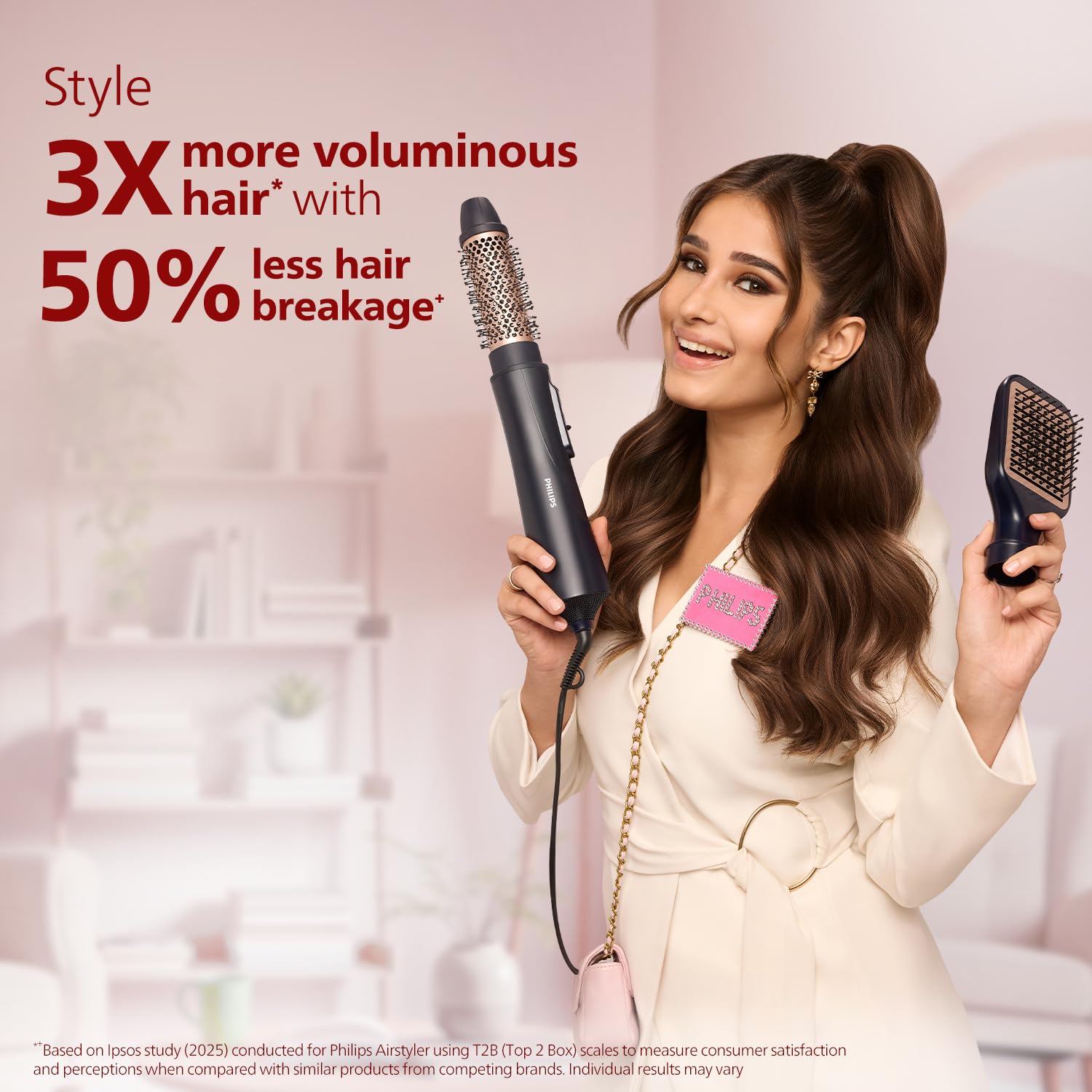Philips India’s No.1 Hair Styling Brand 2-in-1 Airstyler | Straightening Brush + Hot Air Brush Combo | 3X Volume | 50% Less Breakage,2 Attachments, 3 Heat Settings, Cool Shot, For Indian Hair