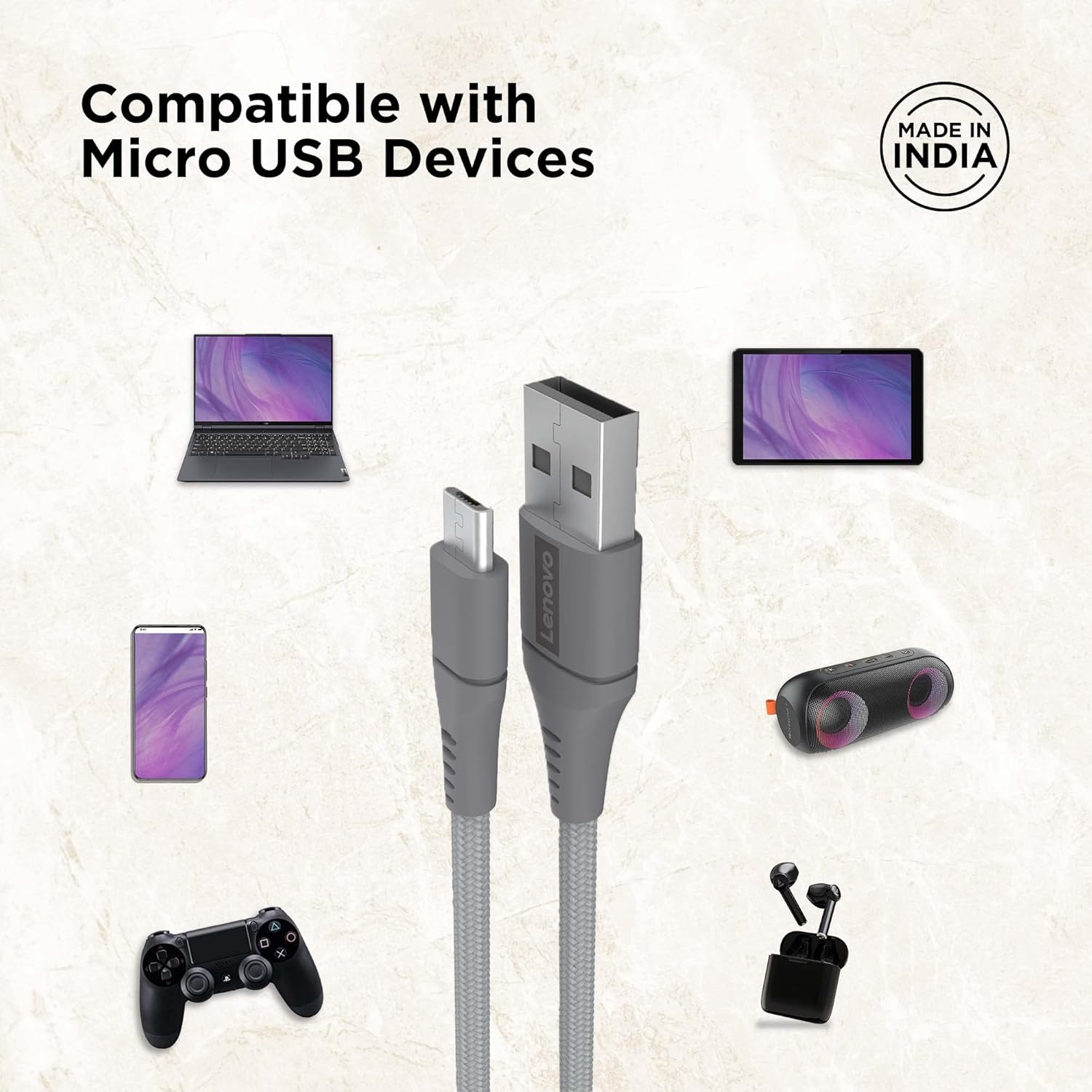 Lenovo Micro USB Cable Tangle-Free Aramid Fiber Braided 1M Cable With 4A Charging & 480 MBPS Data Transmission, Certified 10000+ Bend Lifespan, Metallic Grey