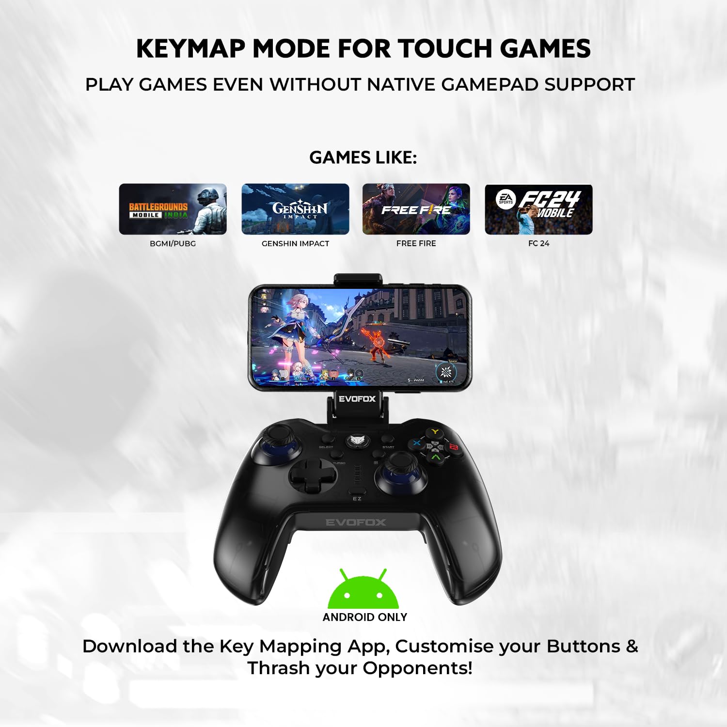 EvoFox Go Smartphone Bluetooth Gamepad for iPhones, iPads & Android | 2 Macro Back Buttons, Dual Vibration Motors, Turbo Mode, Analog Triggers, High Precision Joysticks | Android KeyMap Mode (Grey)