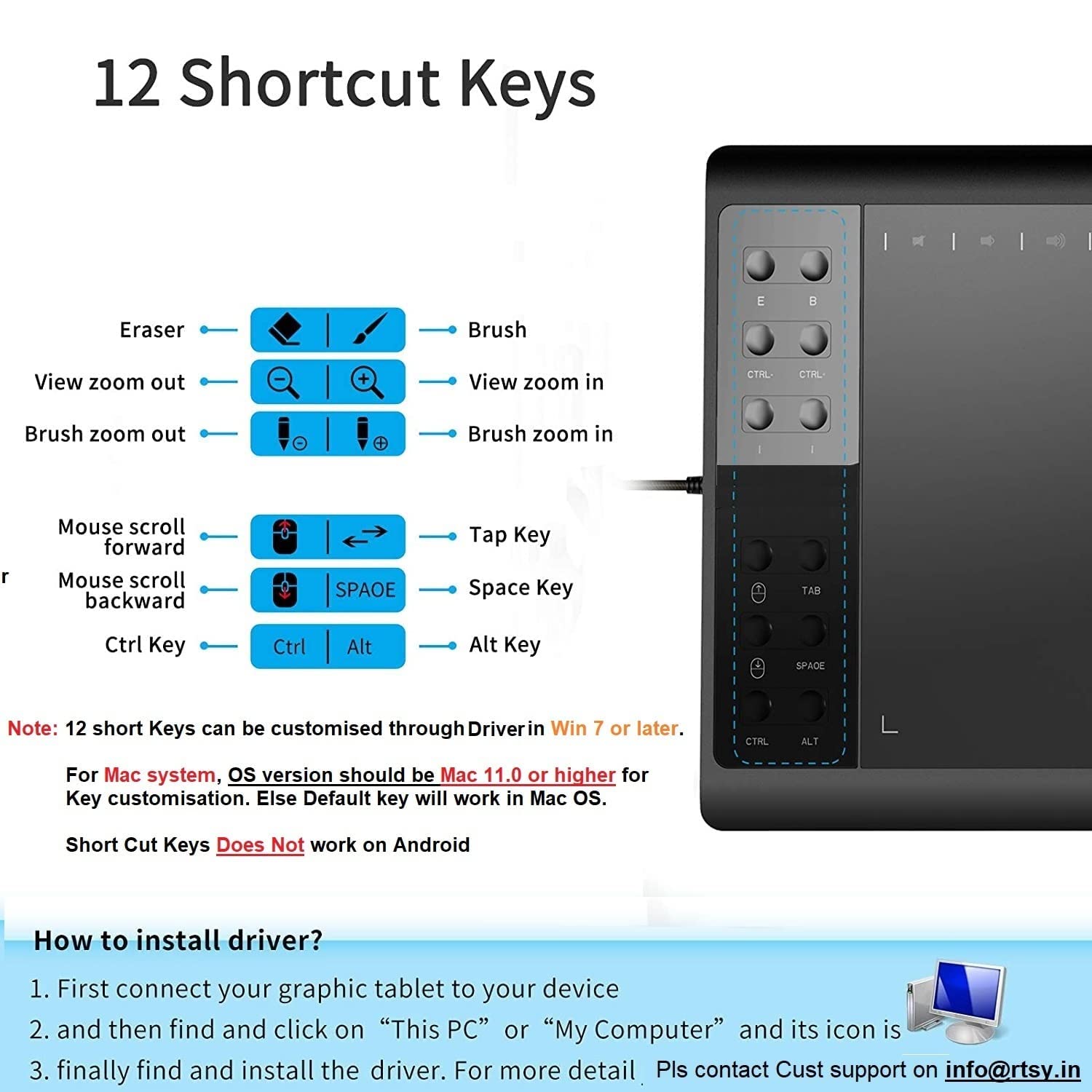 RTSY 1060 Plus Digital Graphics Tablet (10" x 6.2" Area, 12 Shortcut Keys, 8192 Pressure, Battery Free Pen) Graphic Drawing Pen Tablets Compatible for Windows & Android only - Black