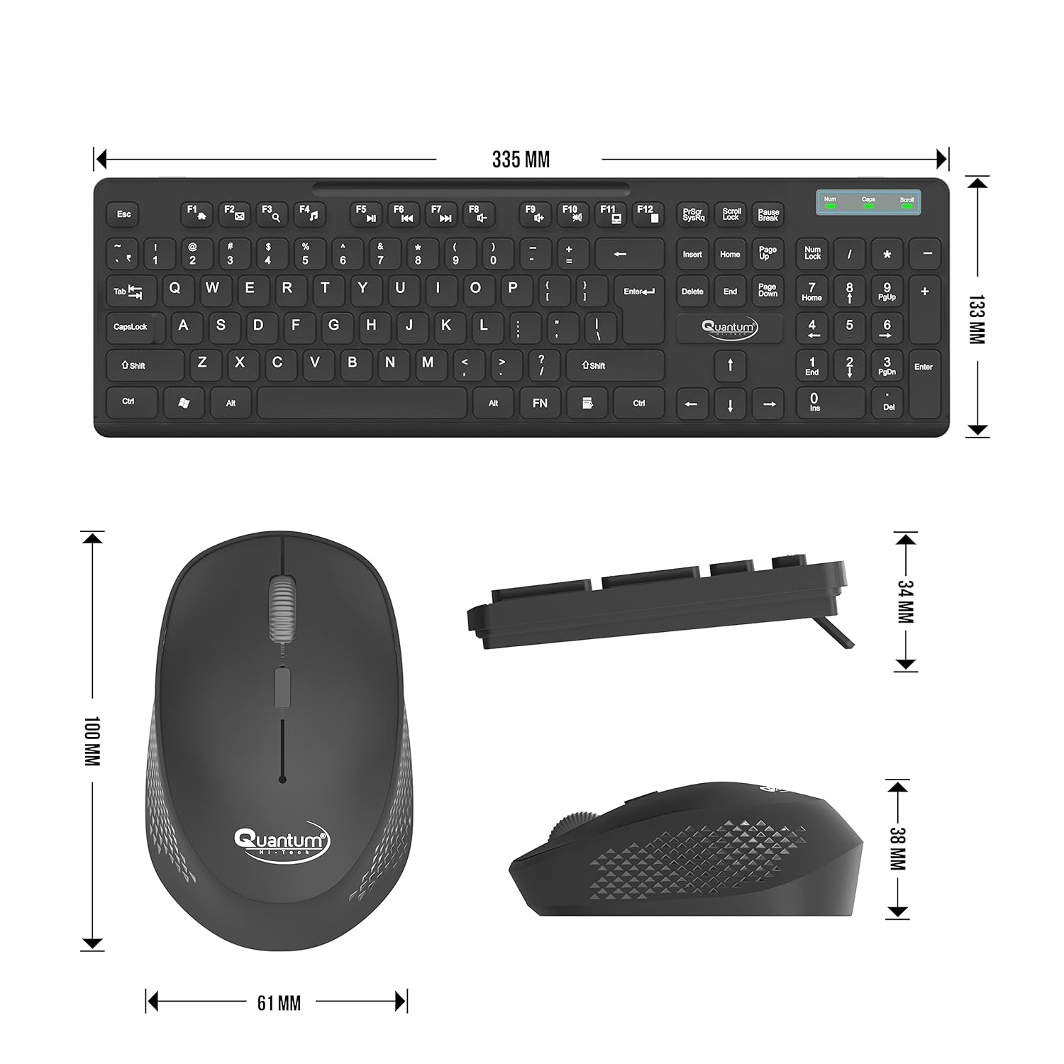 Quantum Wireless Keyboard and Mouse Combo, 12 Months* Battery(Cells Included), Nano Receiver, Silent Keys 800/1200/1600 DPI, Chiclet Keys Spill Resistant Keyboard for PC/Laptop, 1 Yr Warranty (Black)
