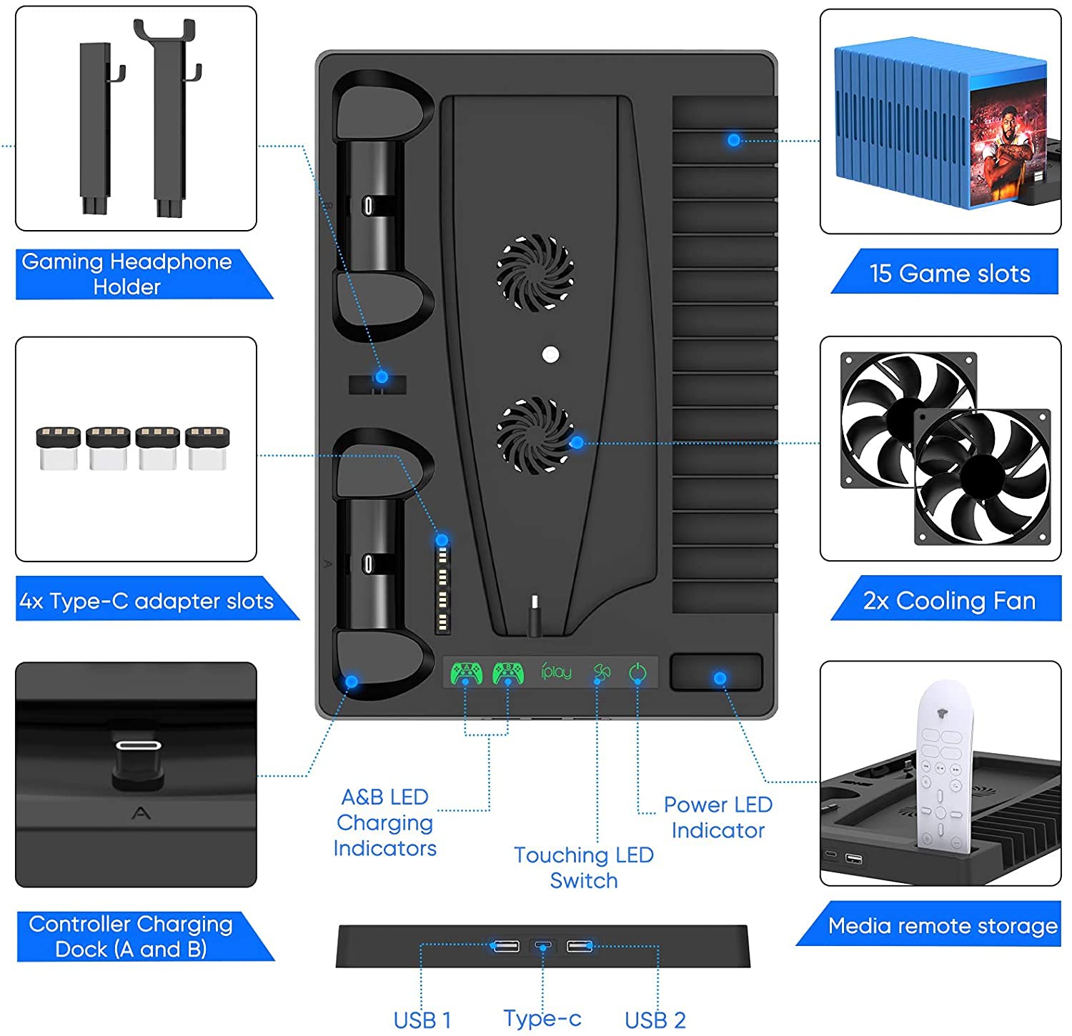 New World Vertical Stand for PS5 Digital Edition and Disc Edition Console with Cooling Fan, Controller Charging Station and 15 Game Cards Slots and Headset Stand for PS5